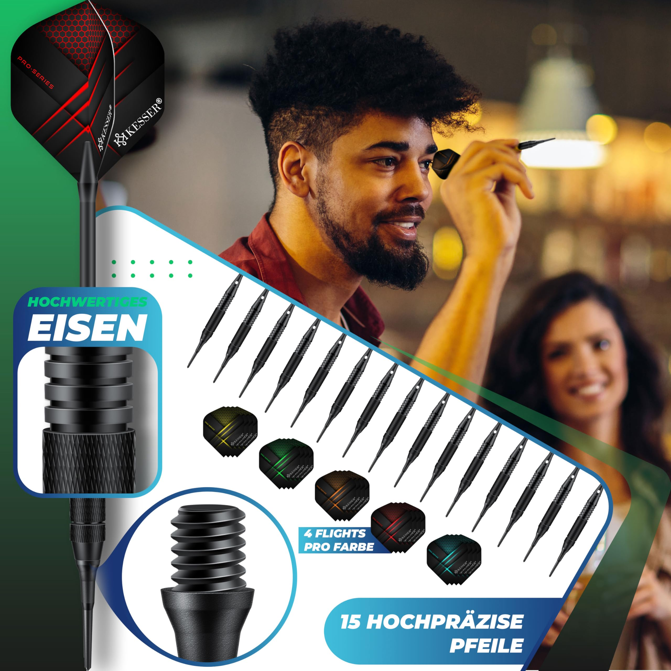 Set di 15 freccette in ferro nero e alette colorate, mostrato con un giocatore.