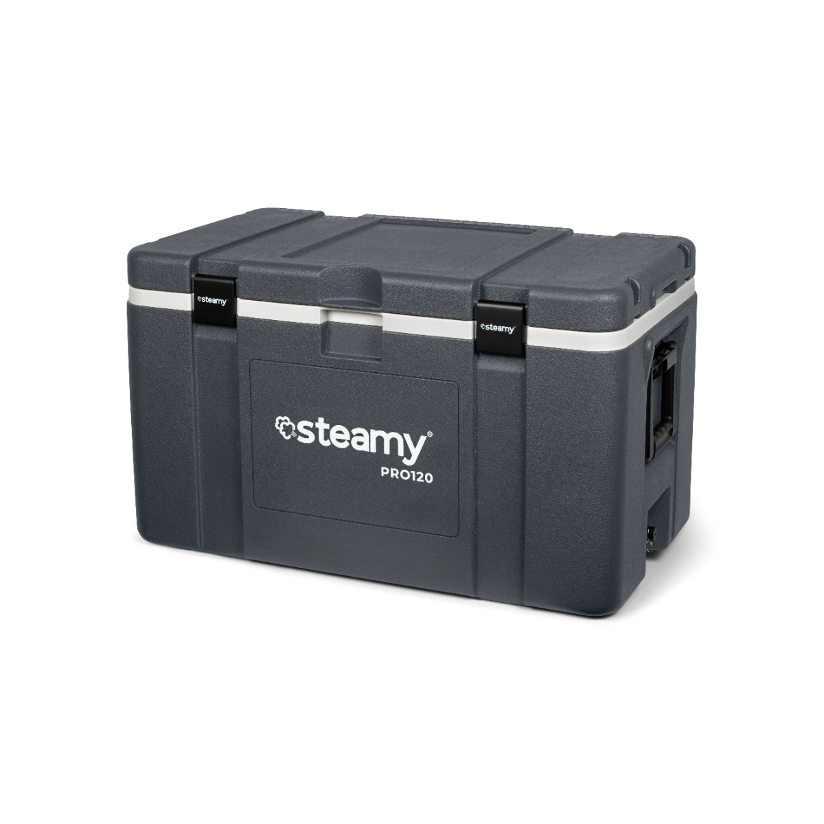 Dunkelgraue Steamy Pro120 Kühlbox mit weißem Streifen und schwarzen Verschlüssen auf schwarzem Hintergrund.