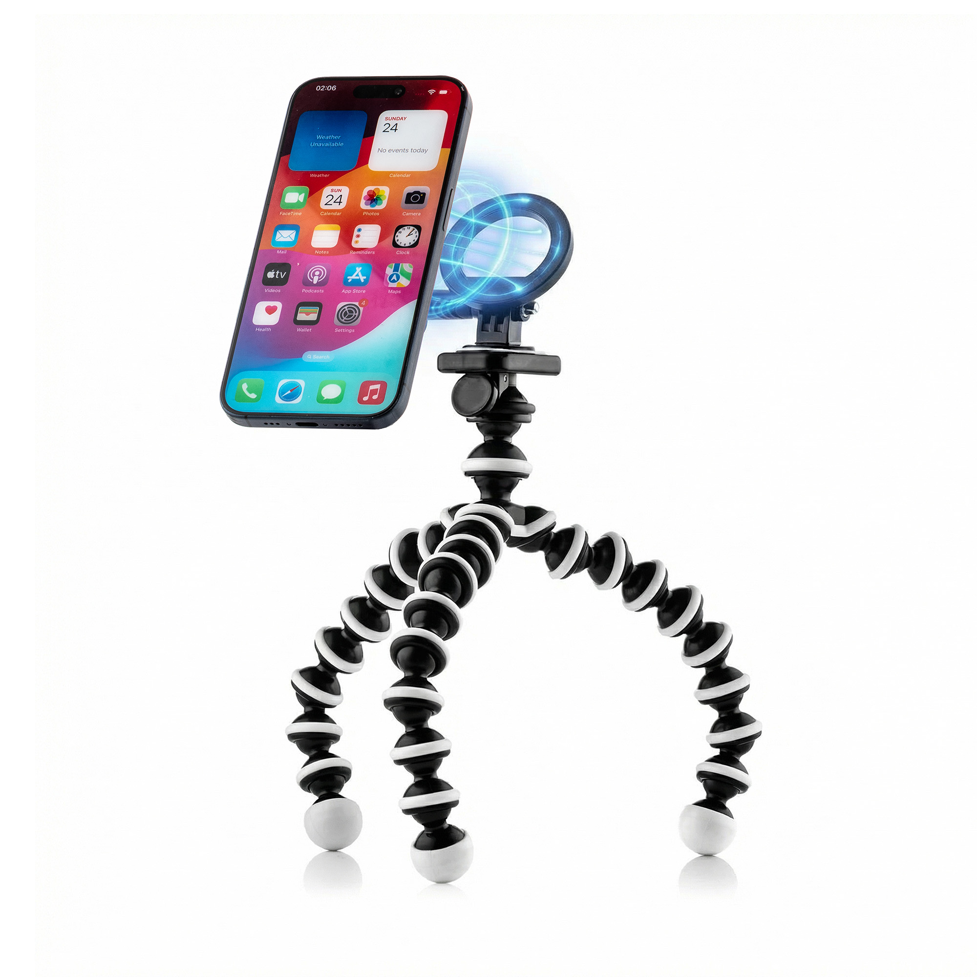 Un smartphone monté sur un trépied flexible noir et blanc avec un anneau magnétique lumineux sur fond blanc.