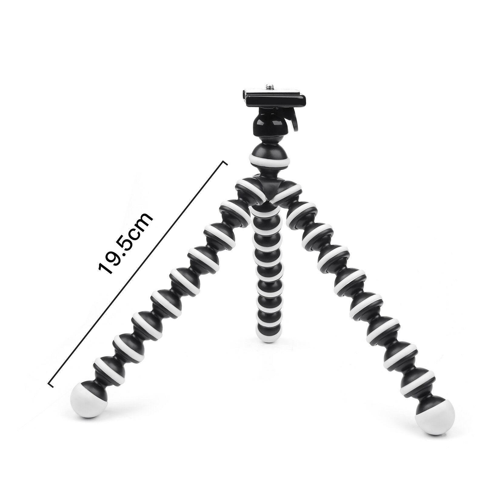 Un trépied flexible noir et blanc, haut de 19,5 cm, sur fond blanc.