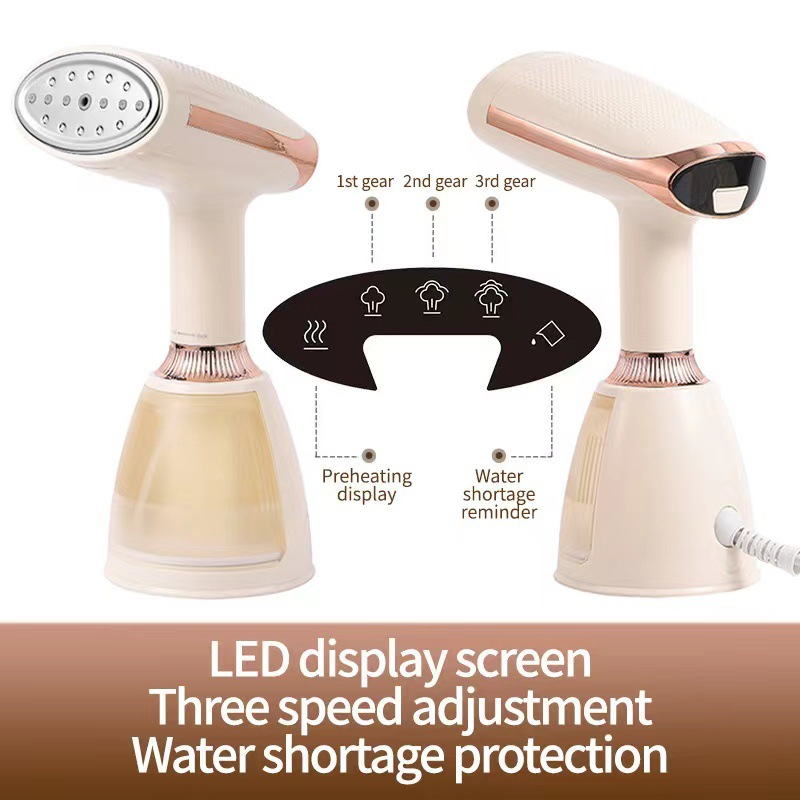 Beige und roségoldener Handkleiderdampfer mit LED-Display, drei Gängen und Wassermangelanzeige.