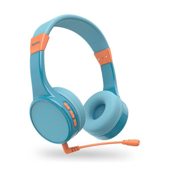 Blaue und orangefarbene Hama On-Ear-Kopfhörer mit Mikrofon und Lautstärketasten auf weißem Hintergrund.