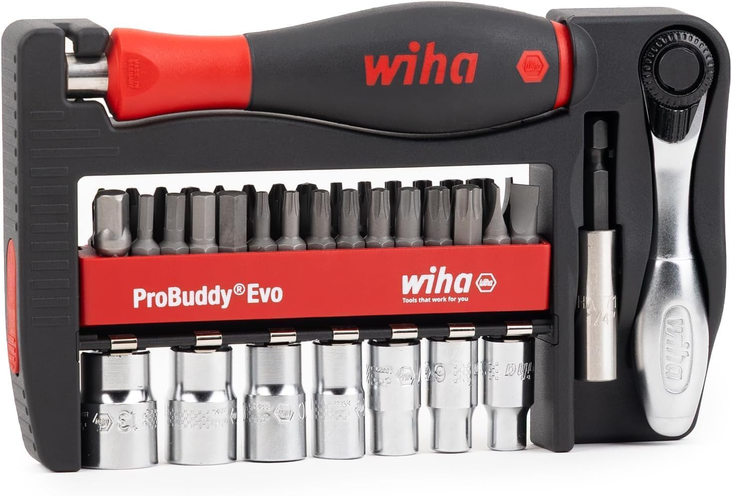Set di attrezzi Wiha ProBuddy Evo con cacciavite rosso e nero, bussole, inserti e cricchetto in supporto nero.