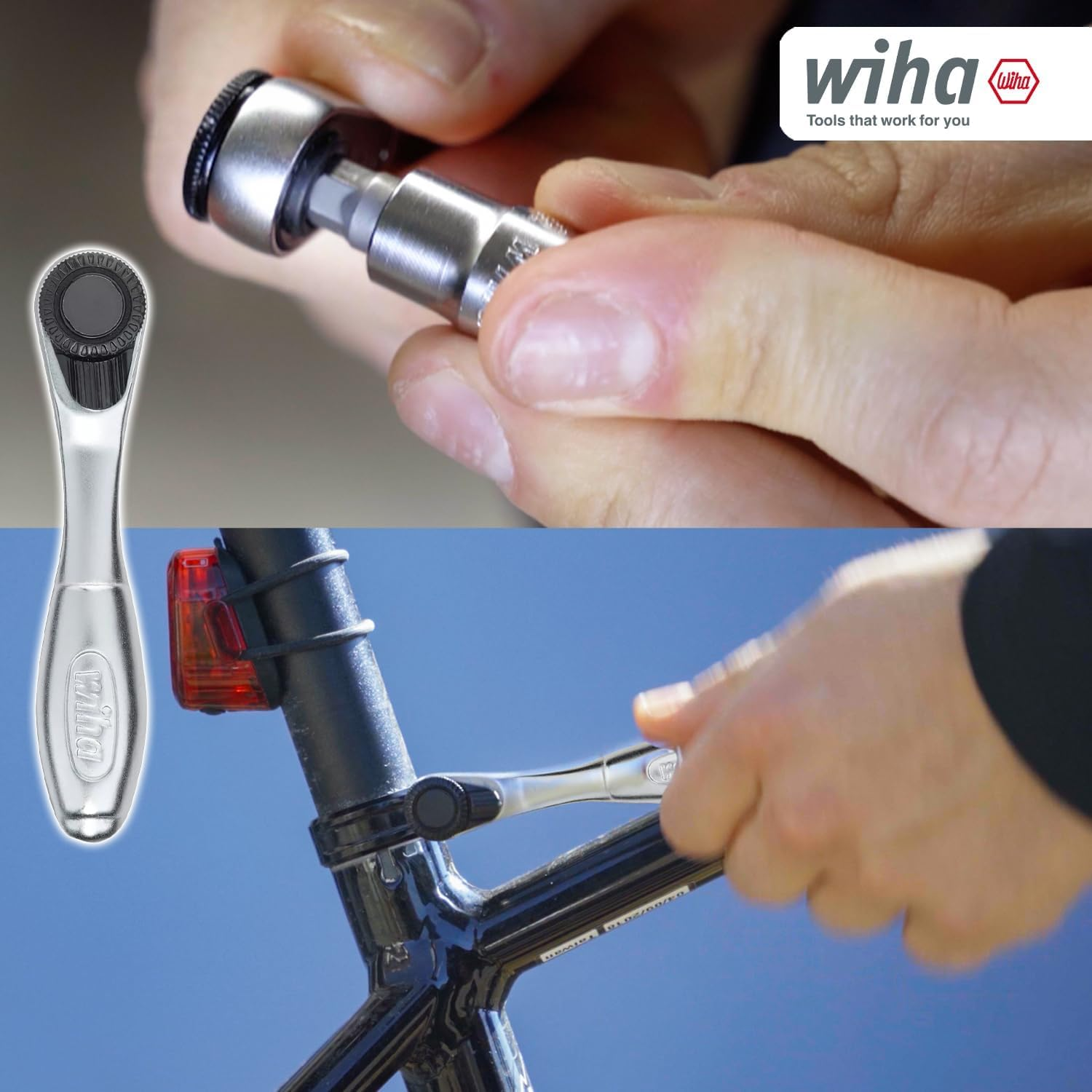 Persona che utilizza un piccolo cricchetto argentato Wiha su un telaio di bicicletta.