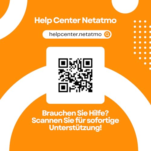 Netatmo Hilfe-Center QR-Code auf orangefarbenem Hintergrund mit Text.