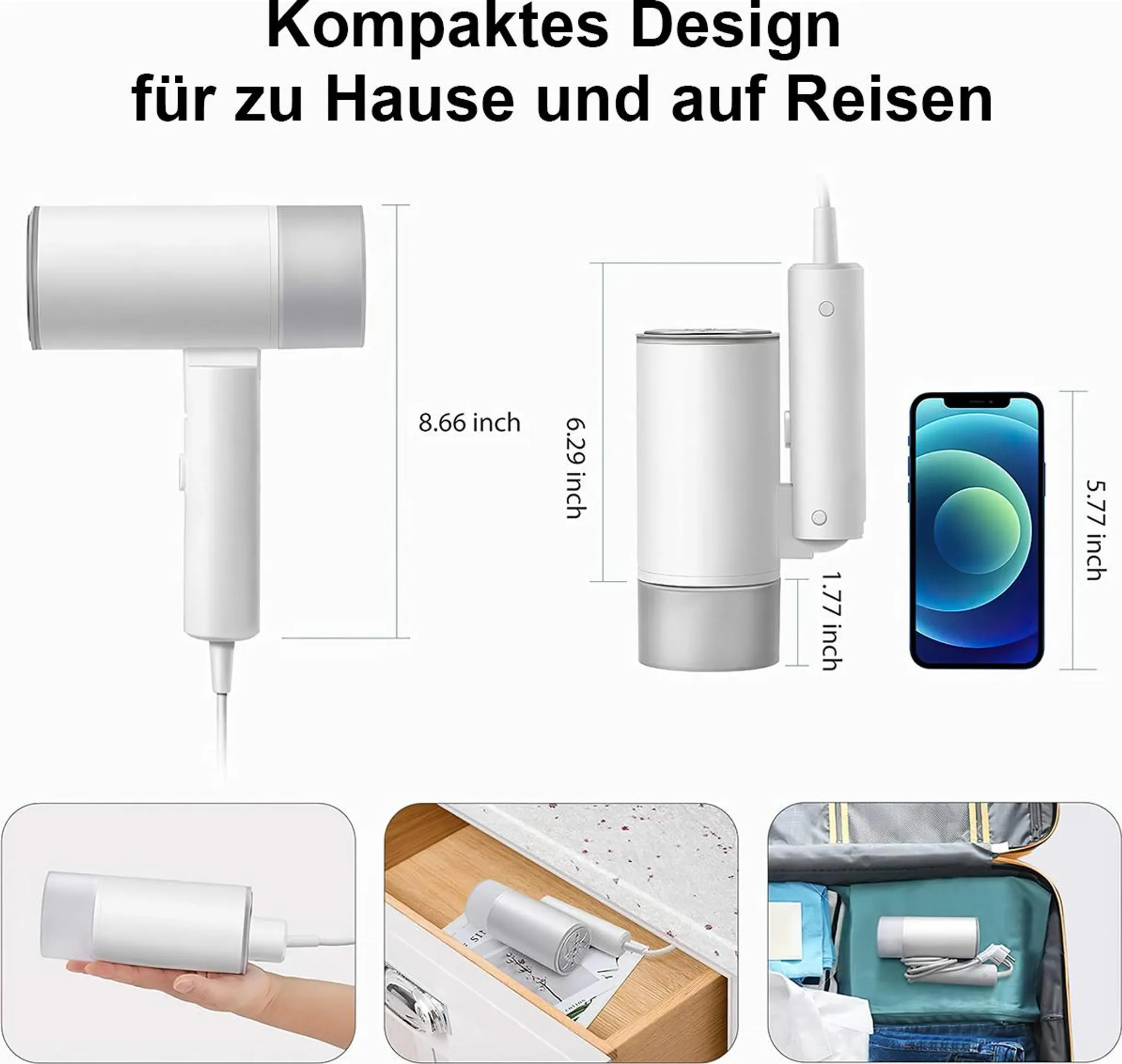 Kompakter weißer Haartrockner mit Abmessungen, Smartphone-Größenvergleich und Anwendungsszenarien.