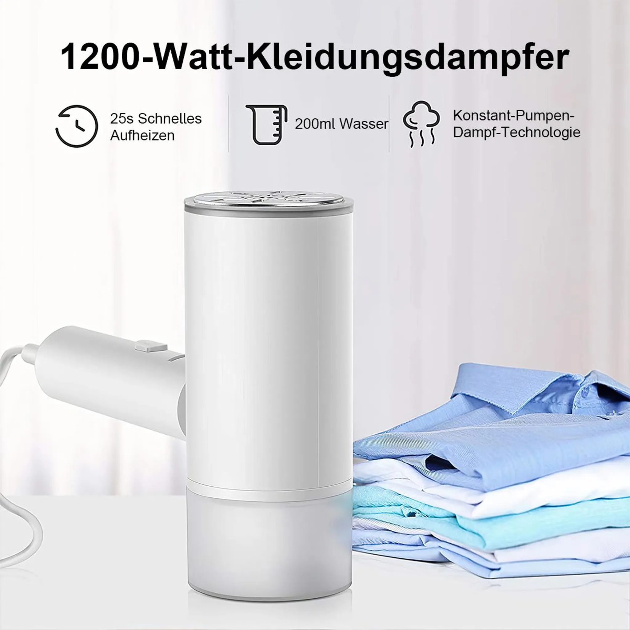 Weißer Handkleiderdampfer mit 1200W, 200ml Wassertank und gefalteten Hemden.
