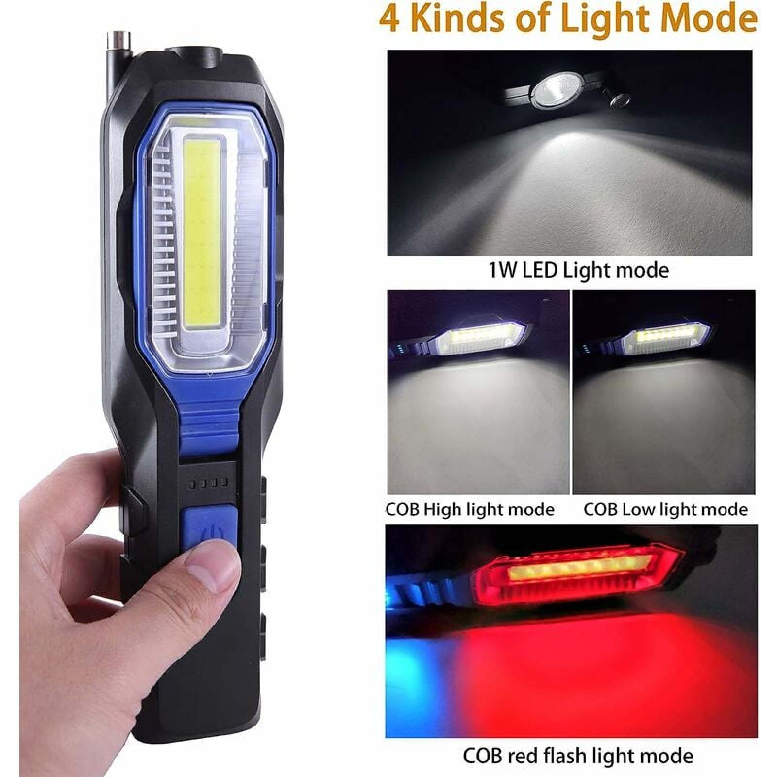 Schwarze und blaue Arbeitsleuchte mit vier verschiedenen Lichtmodi, darunter LED und COB-Rotblitz.