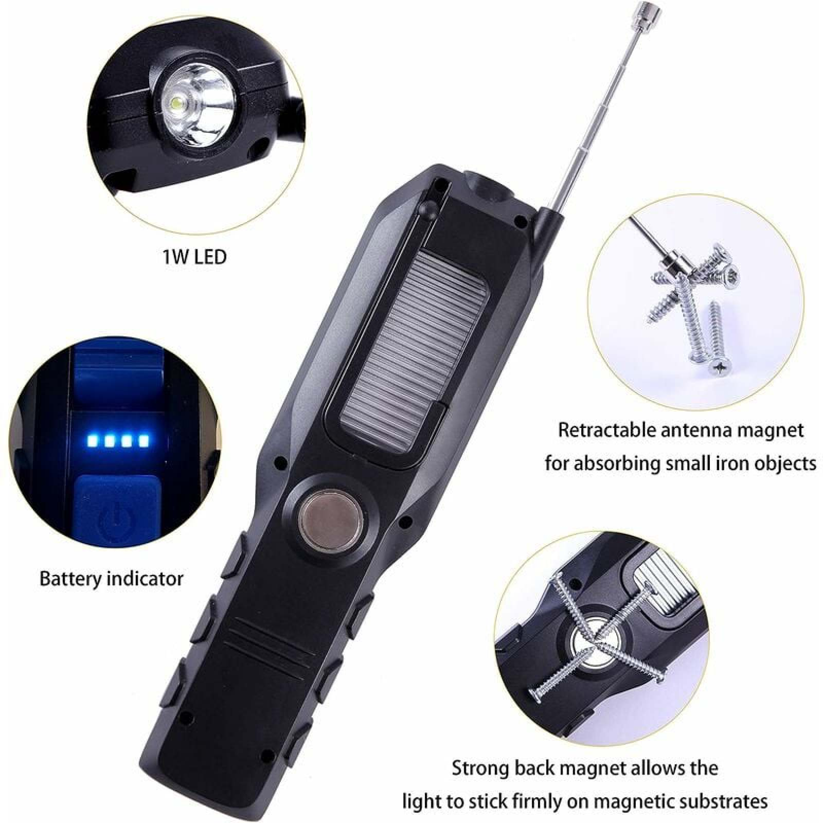 Schwarze LED-Arbeitsleuchte mit Magnet, ausziehbarer Antenne und Batterieanzeige.