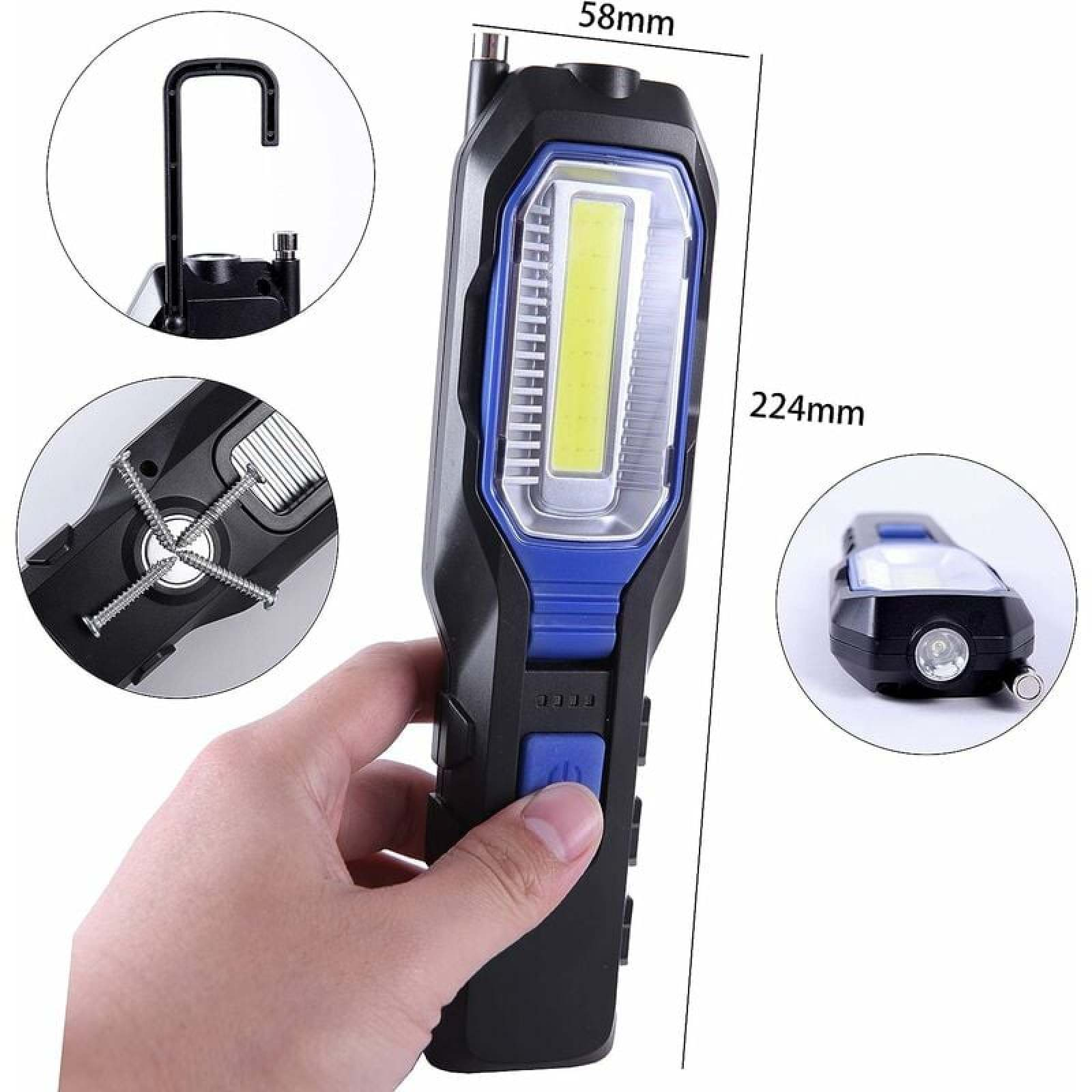 Hand hält eine schwarz-blaue LED-Arbeitsleuchte mit Maßangaben und Insets von Haken und Magnetfuß.