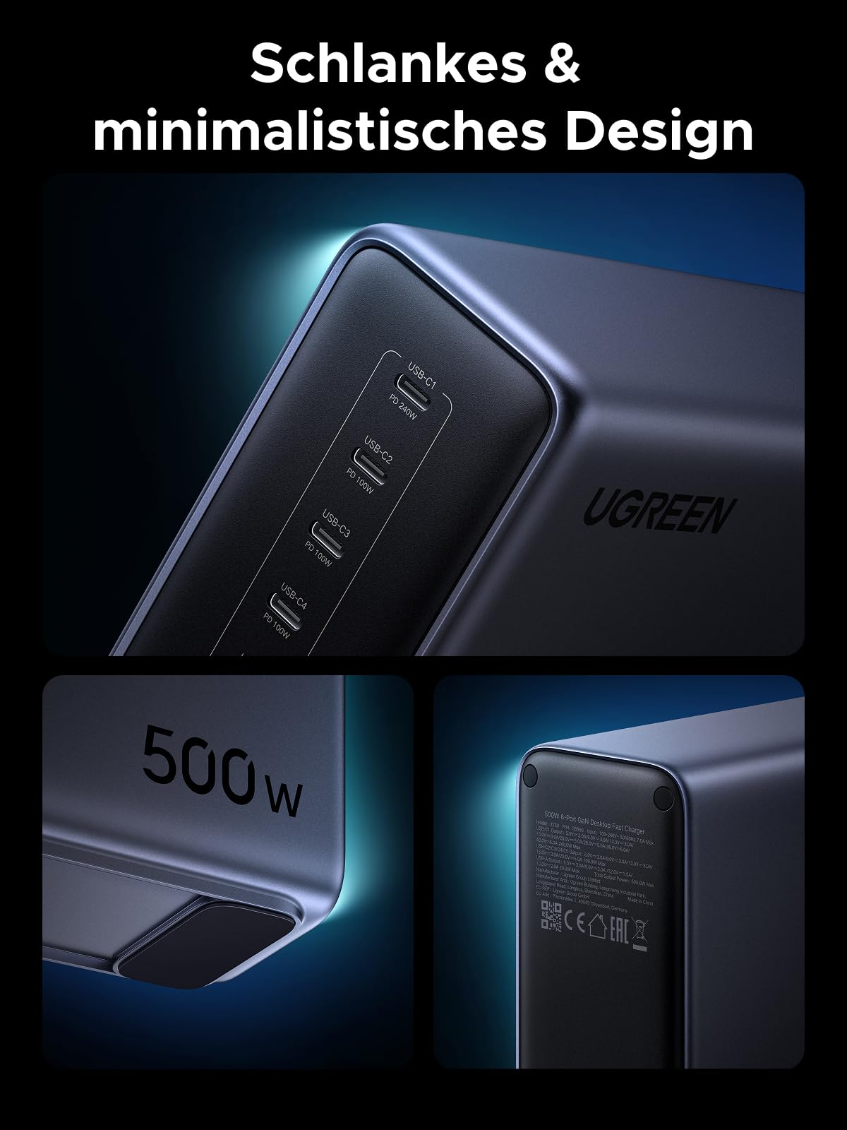 Un caricabatterie grigio Ugreen con quattro porte USB-C, 500W di potenza e design minimalista su sfondo blu.