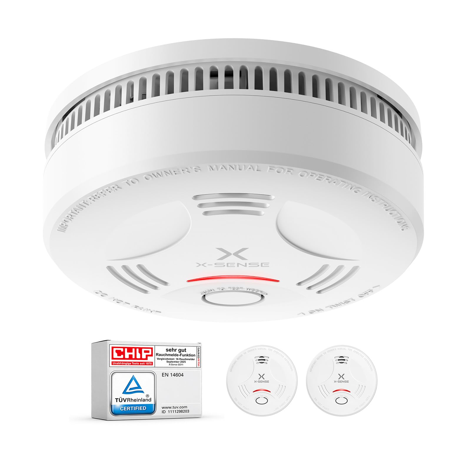 Un détecteur de fumée blanc X-Sense avec bouton test et badges de certification.