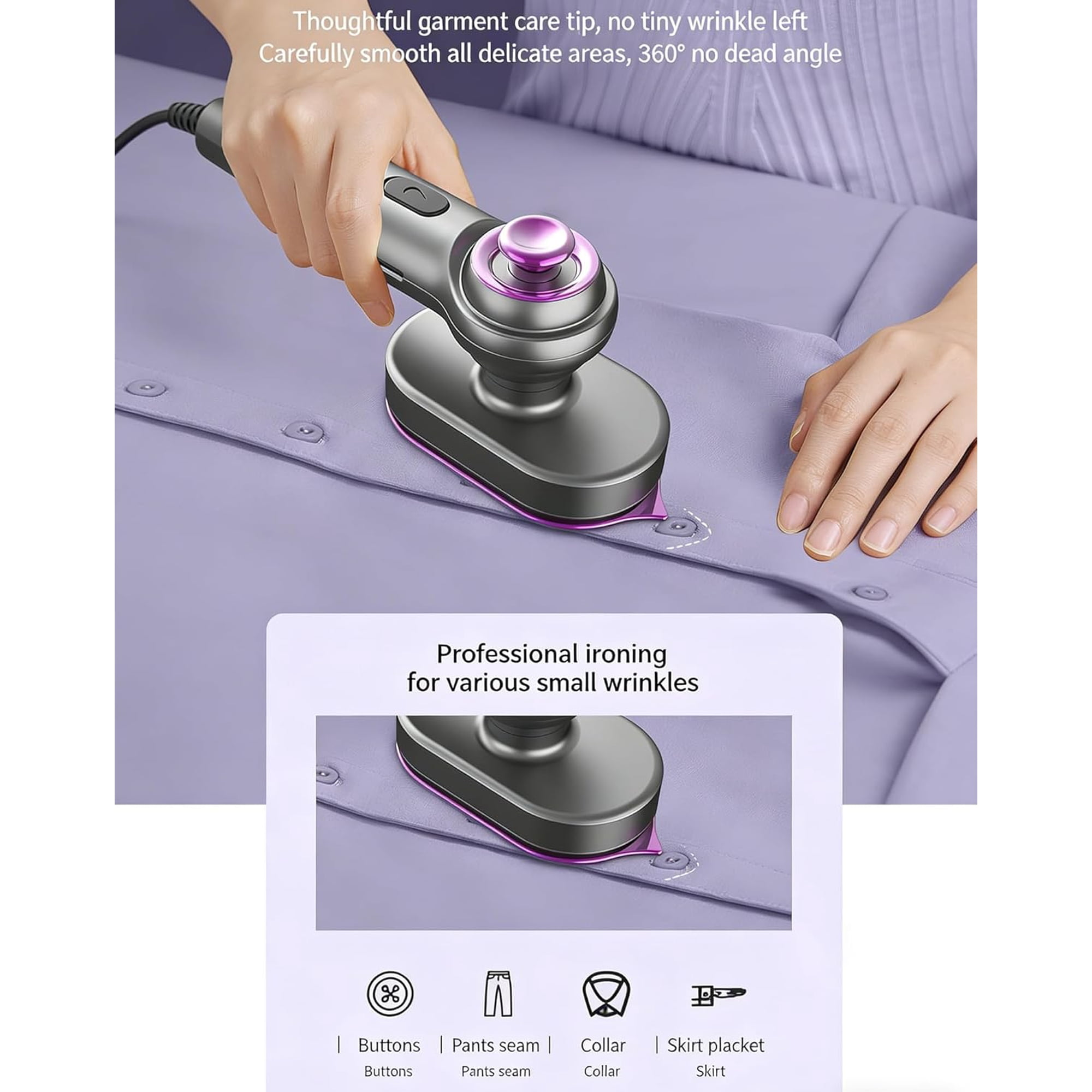 Eine Hand benutzt ein kleines, modernes Bügeleisen auf einer hellvioletten Bluse, um Falten um Knöpfe zu glätten.
