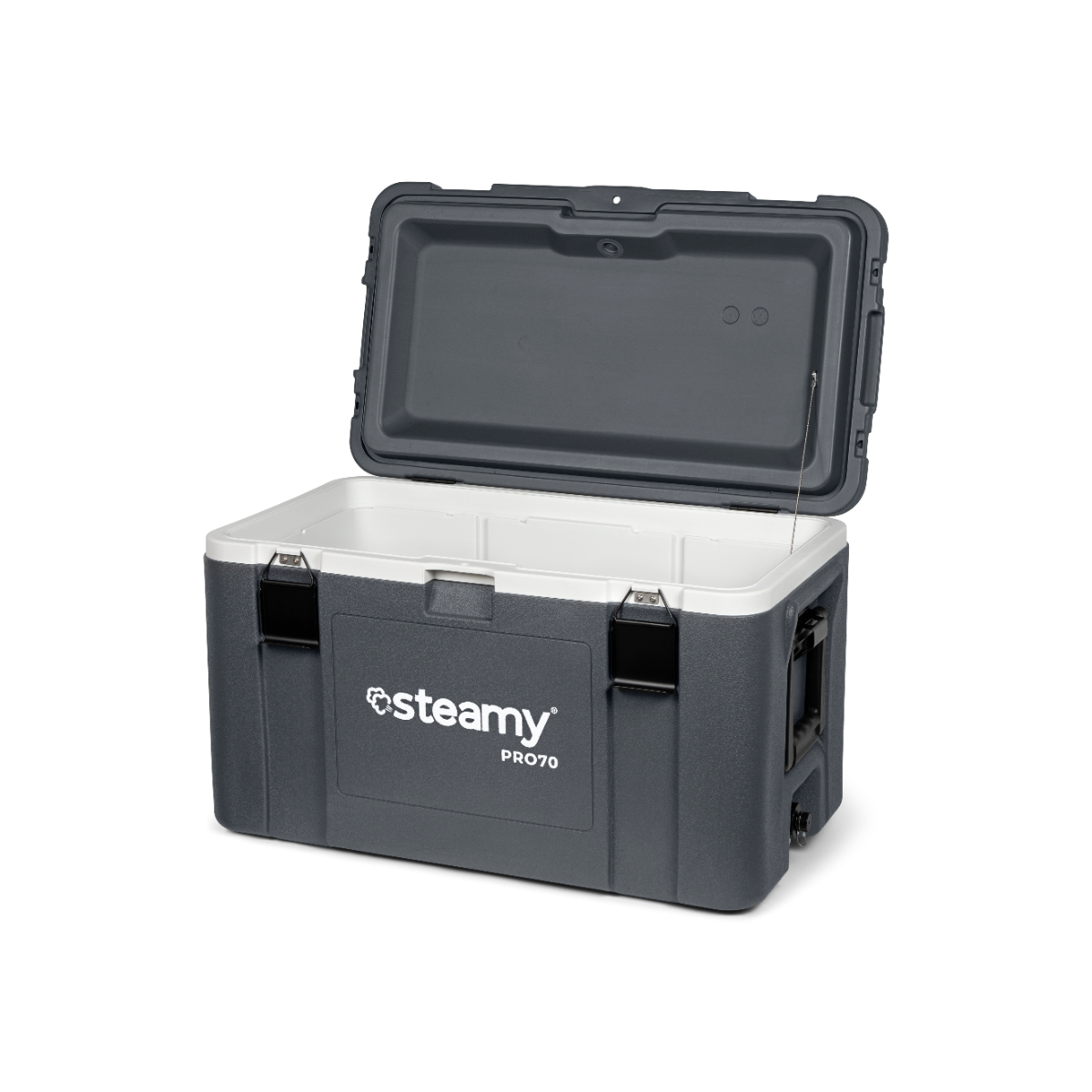 Eine offene dunkelgraue Steamy Pro70 Kühlbox mit weißem Innenraum vor schwarzem Hintergrund.