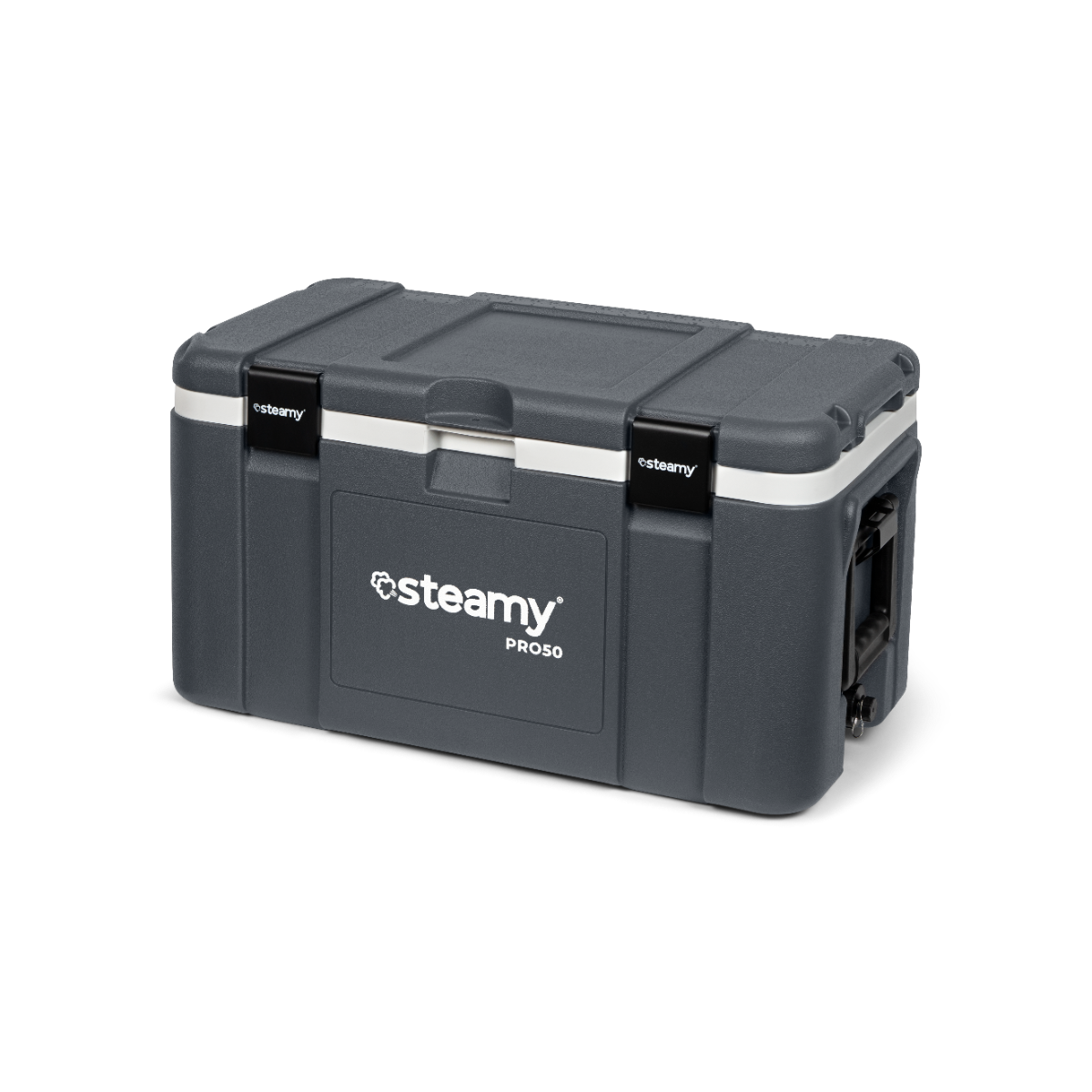 Eine dunkelgraue Steamy Pro50 Kühlbox mit weißem Rand und schwarzen Verschlüssen auf schwarzem Hintergrund.
