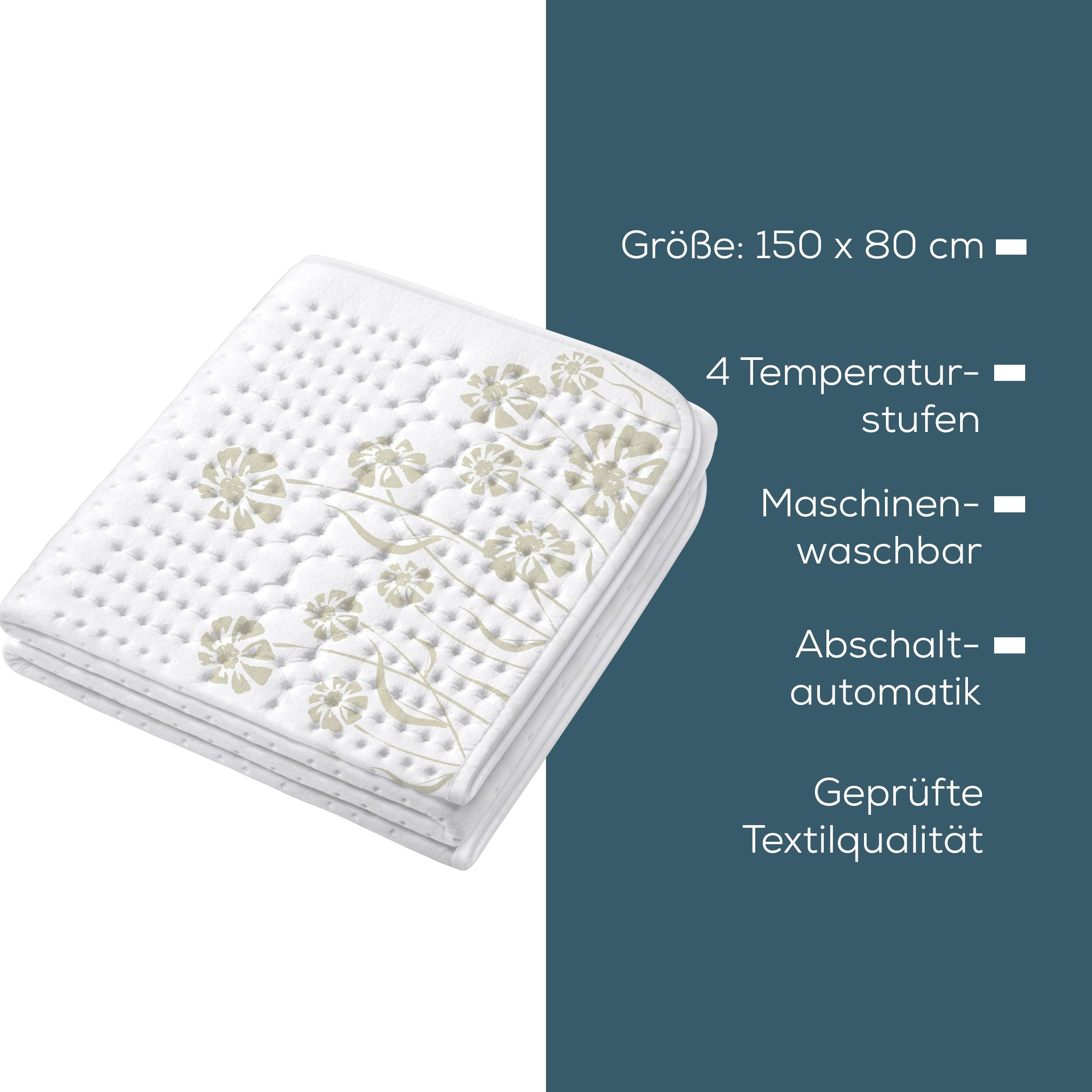 Una coperta elettrica bianca piegata con motivo floreale e dettagli di testo su sfondo blu.