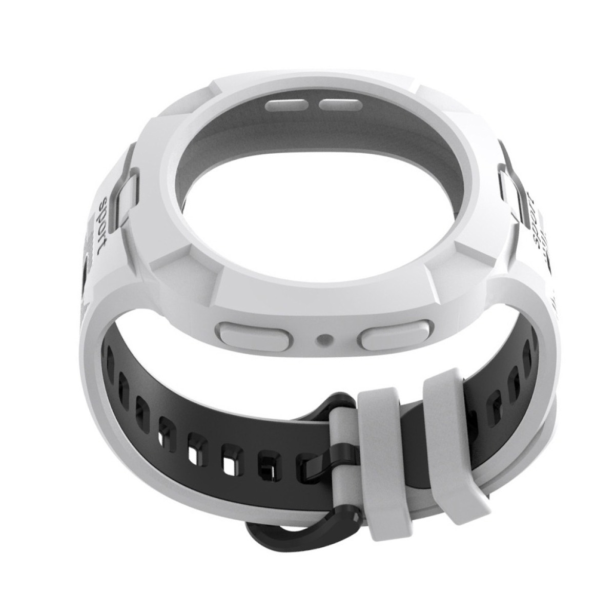 Eine weiße Sport-Smartwatch-Hülle mit schwarzem Armband auf weißem Hintergrund.
