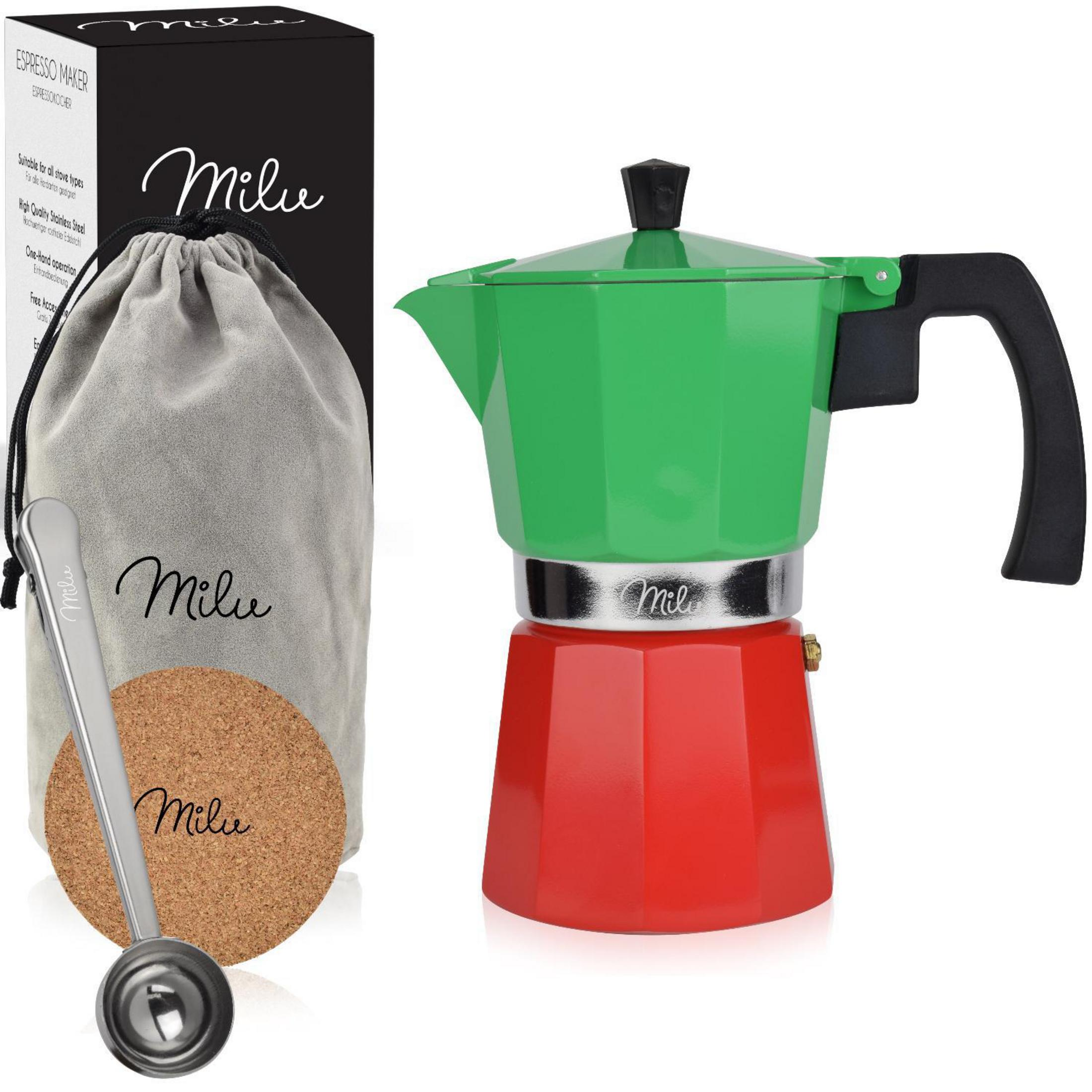 Caffettiera espresso Milu rossa e verde con accessori e scatola su fondo bianco.