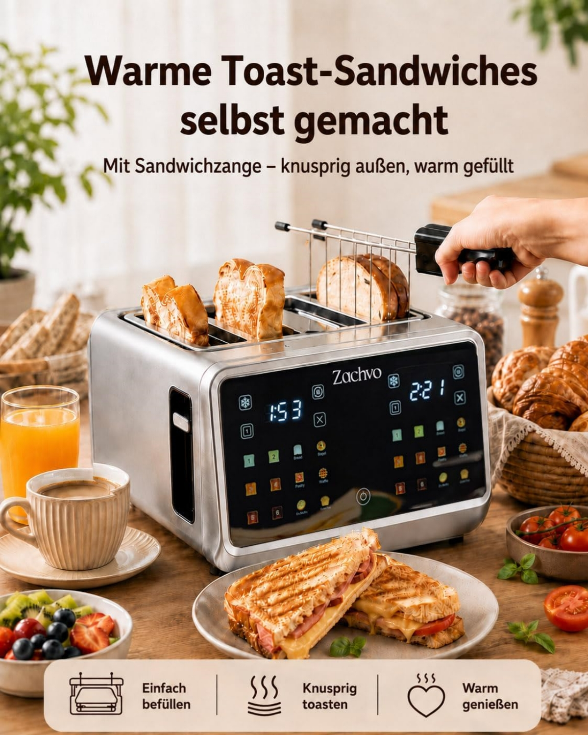 Ein moderner Toaster mit digitalen Displays und Sandwichzangen bereitet Sandwiches und Toast zu.