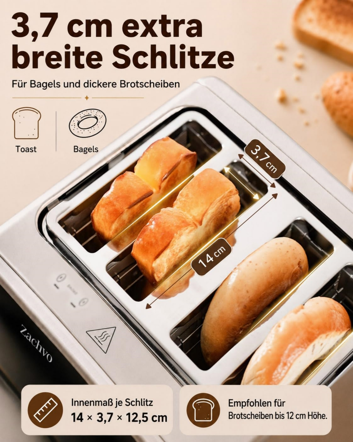 Edelstahltoaster mit vier breiten Schlitzen für Toast und Bagels, Maßangaben 3,7 cm und 14 cm.