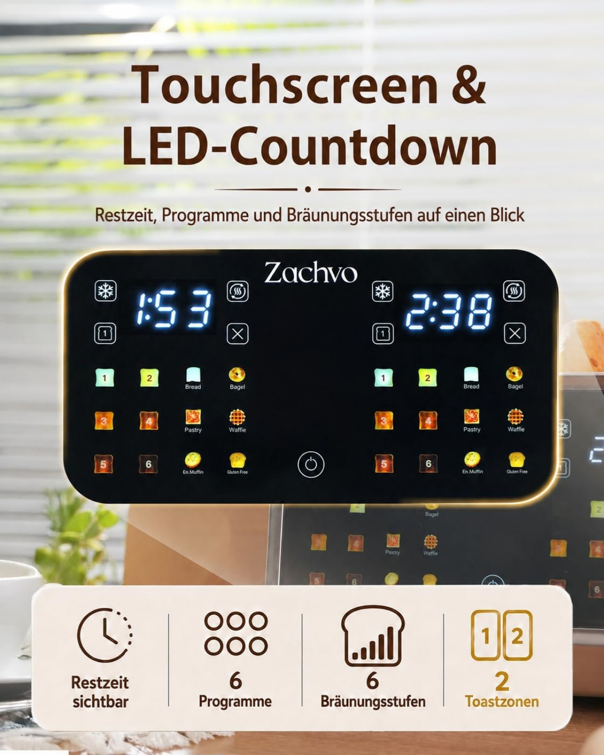 Ein Toaster-Bedienfeld mit LED-Countdown, Touch-Tasten und Symbolen für Brot, Bagel, Gebäck und Waffel.