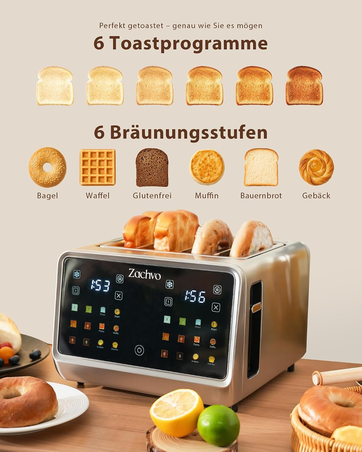Silberner Toaster mit digitalen Displays und verschiedenen Brotsorten auf dem Tisch.