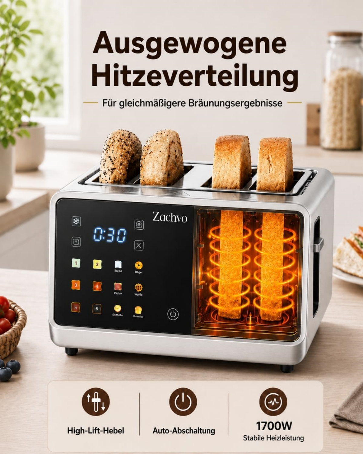 Moderne Silberner Toaster mit digitalen Touch-Bedienfeld und sichtbaren Heizelementen.