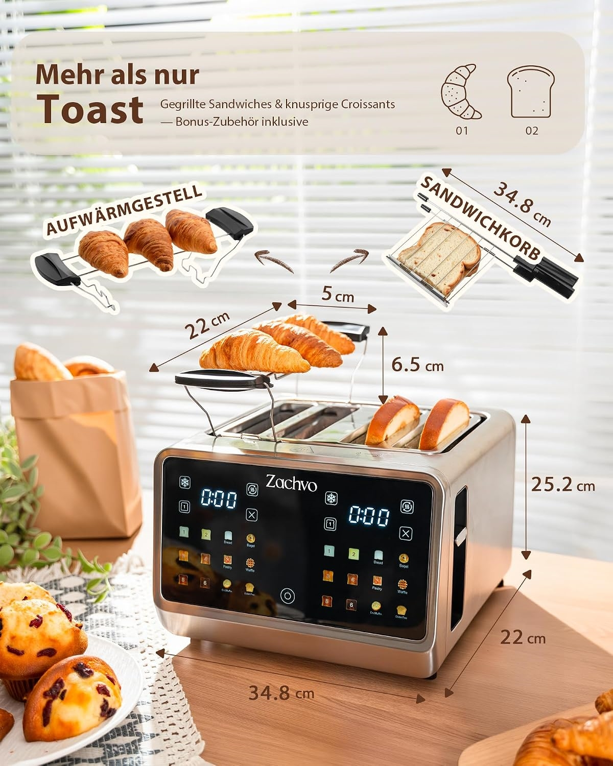 Silberner Toaster mit digitalem Display und Zubehör wie Aufwärmgestell und Sandwichkorb, mit Maßangaben.