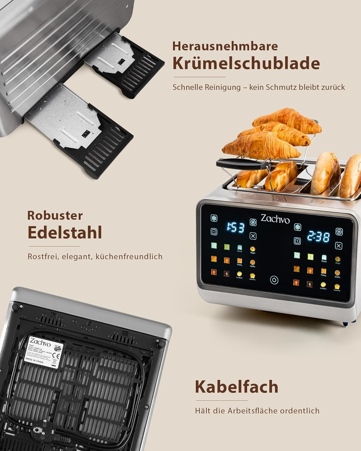 Ein moderner Edelstahltoaster mit Krümelschublade, digitalem Display und Kabelaufwicklung zeigt Produktfeatures.