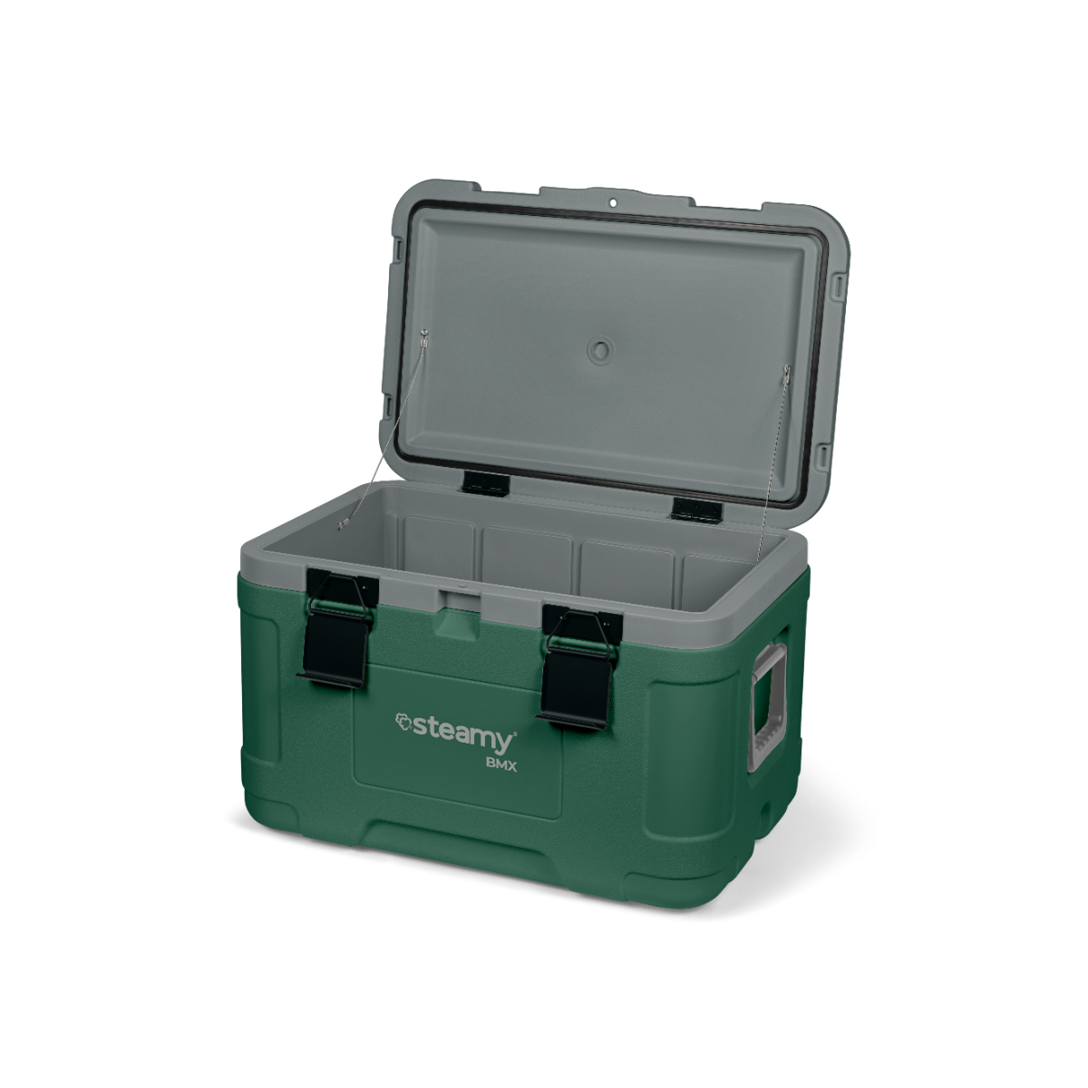 Un frigo portatile Steamy BMX verde aperto con interno grigio e chiusure nere.