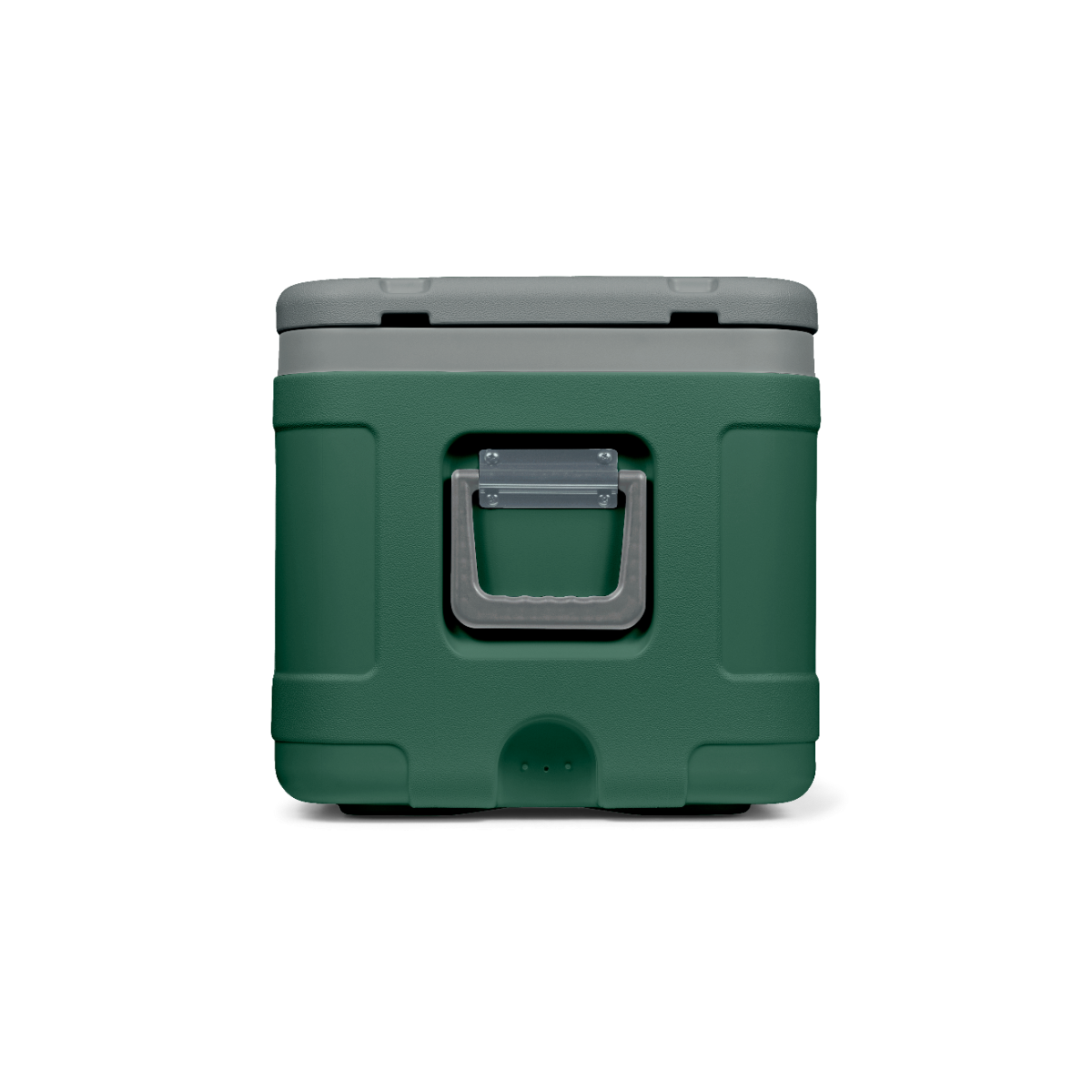 Un frigo portatile verde e grigio con maniglia laterale è centrato su uno sfondo nero.