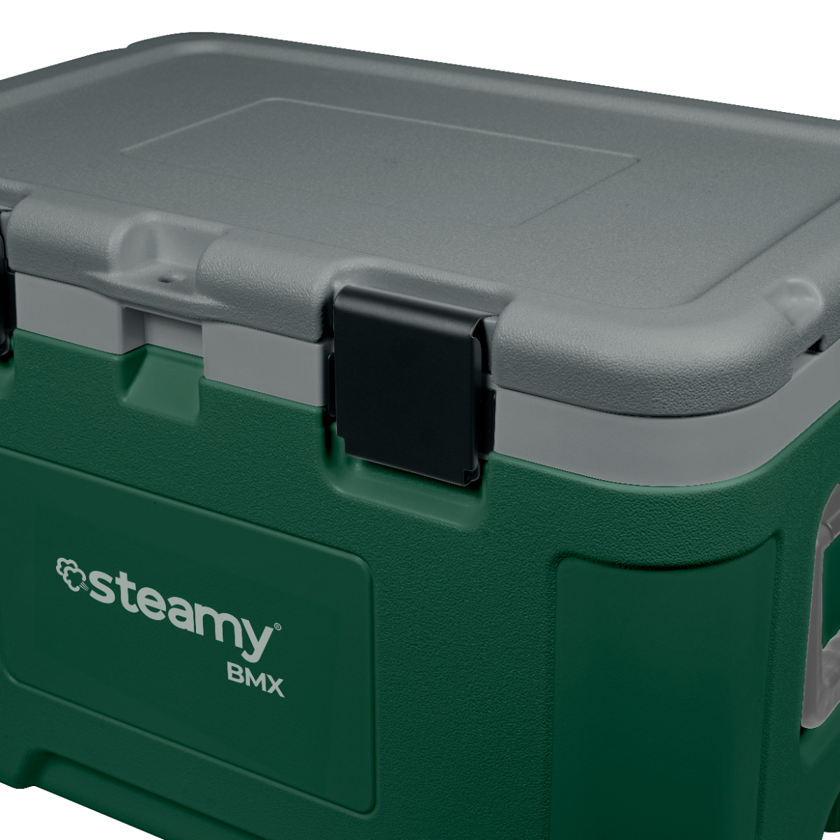 Frigorifero portatile Steamy BMX verde e grigio con chiusura nera su sfondo nero.