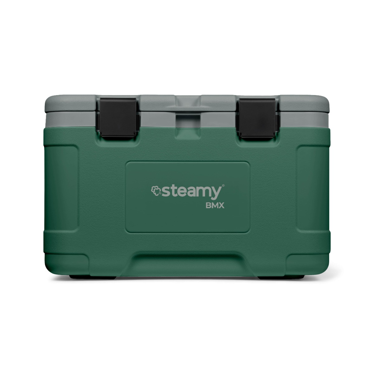Frigorifero portatile verde Steamy BMX con coperchio grigio e chiusure nere.
