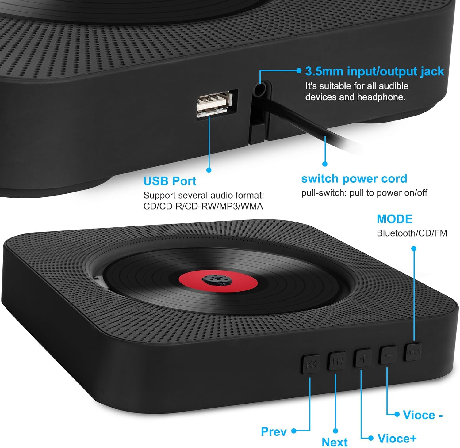 Ein schwarzer CD-Player mit USB-Anschluss, Audio-Klinke, Netzkabel und Bedienelementen.