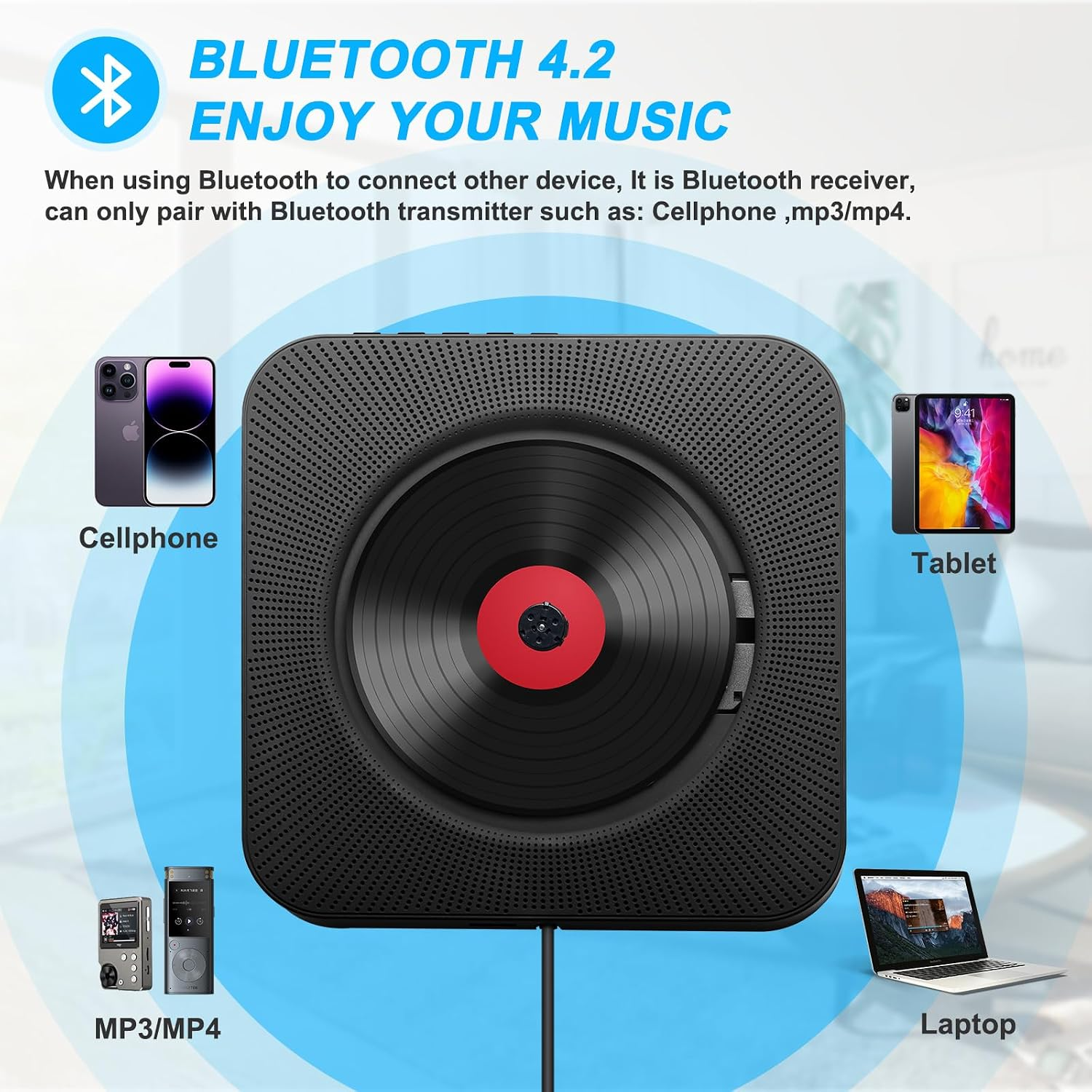 Ein schwarzer Bluetooth-CD-Player ist von einem Smartphone, Tablet, MP3-Player und Laptop umgeben.