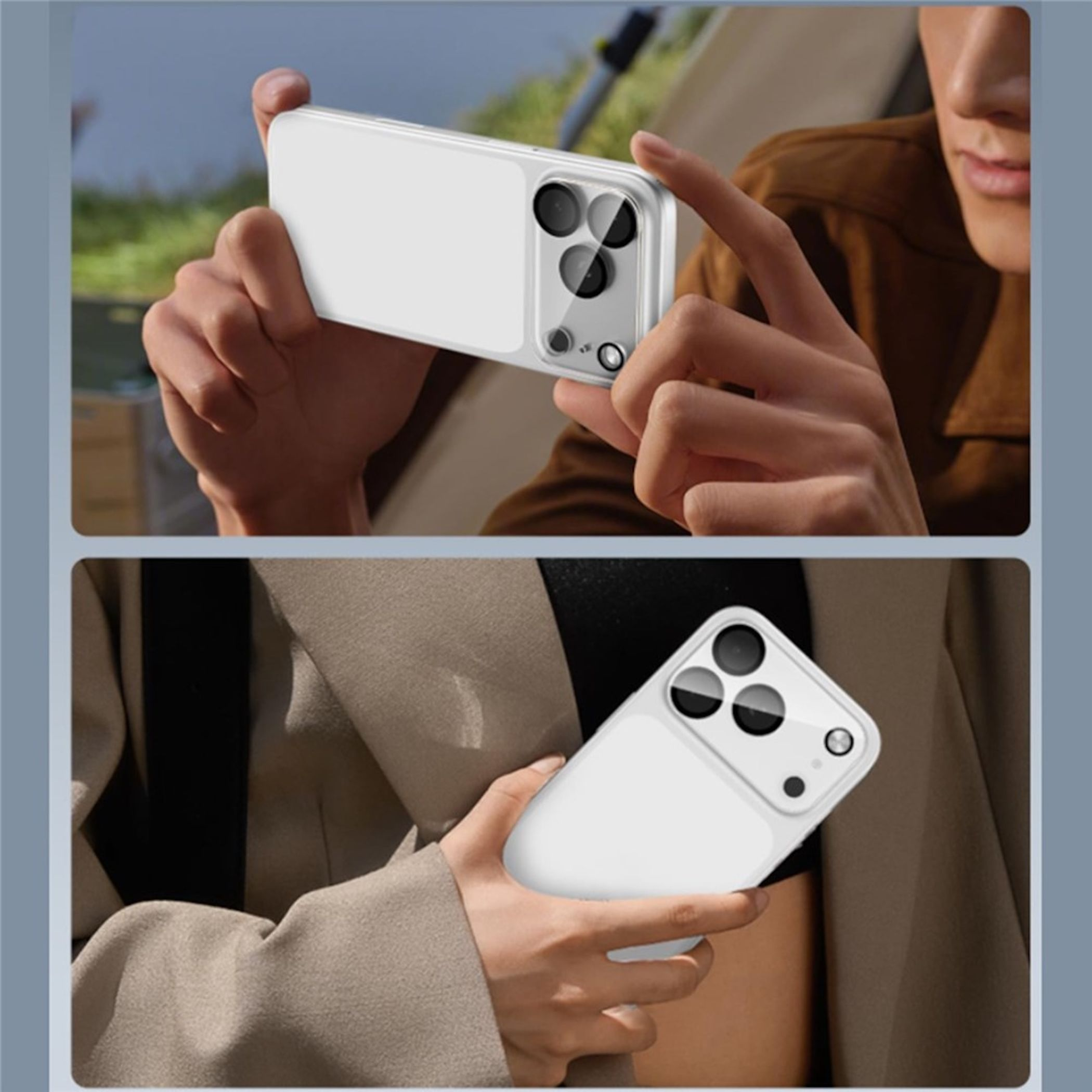 Person hält ein weißes Smartphone mit mehreren Kameralinsen auf der Rückseite.