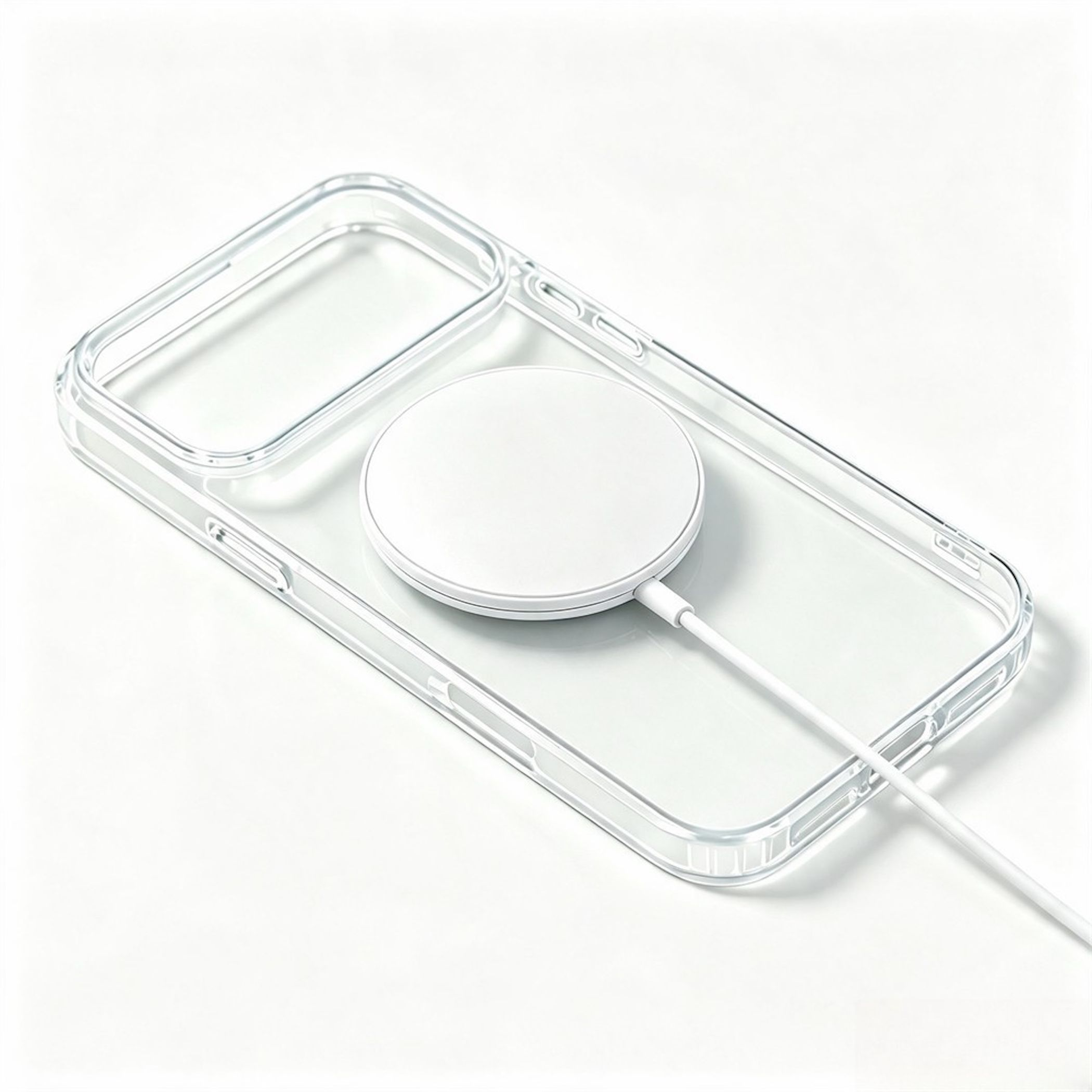 Ein weißes MagSafe-Ladegerät liegt auf einer transparenten Smartphone-Hülle auf weißem Hintergrund.