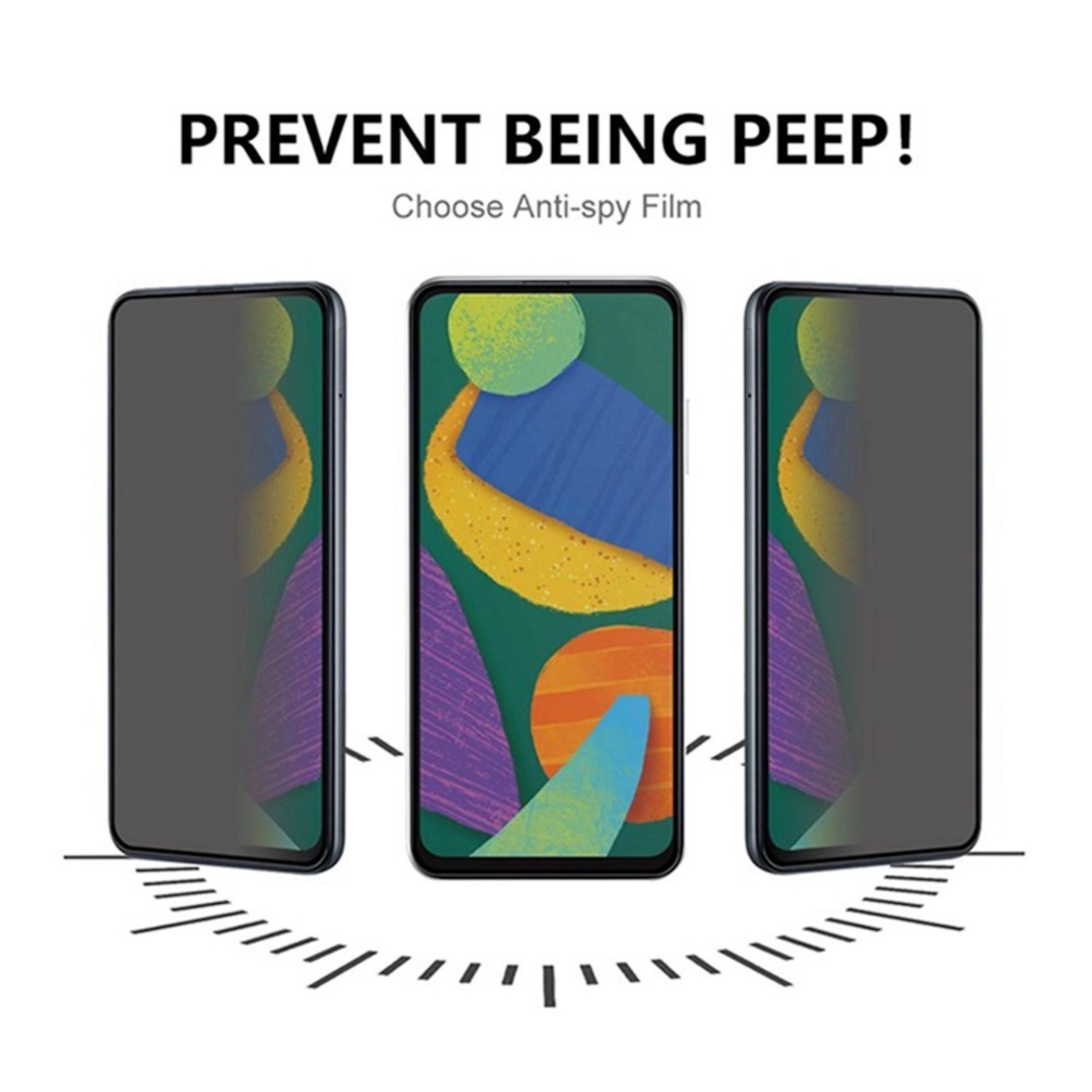 Drei Smartphones zeigen die Wirkung einer Anti-Spay-Folie aus verschiedenen Blickwinkeln.