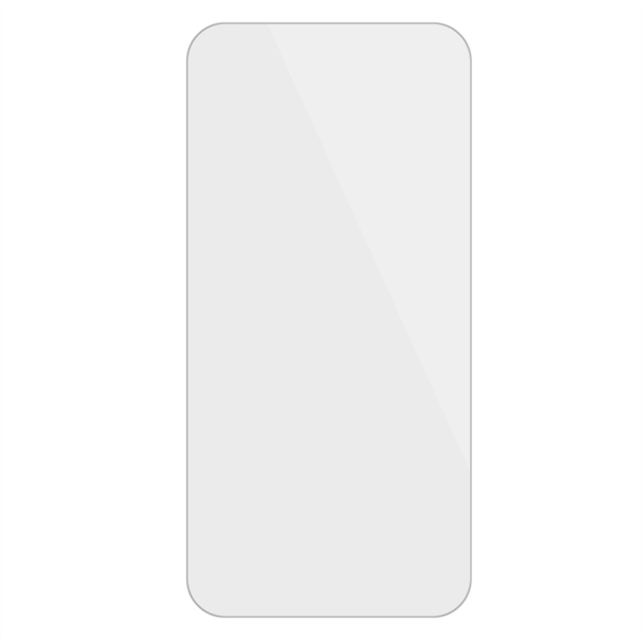 Ein klarer, transparenter Displayschutz für ein Smartphone mit abgerundeten Ecken auf weißem Hintergrund.