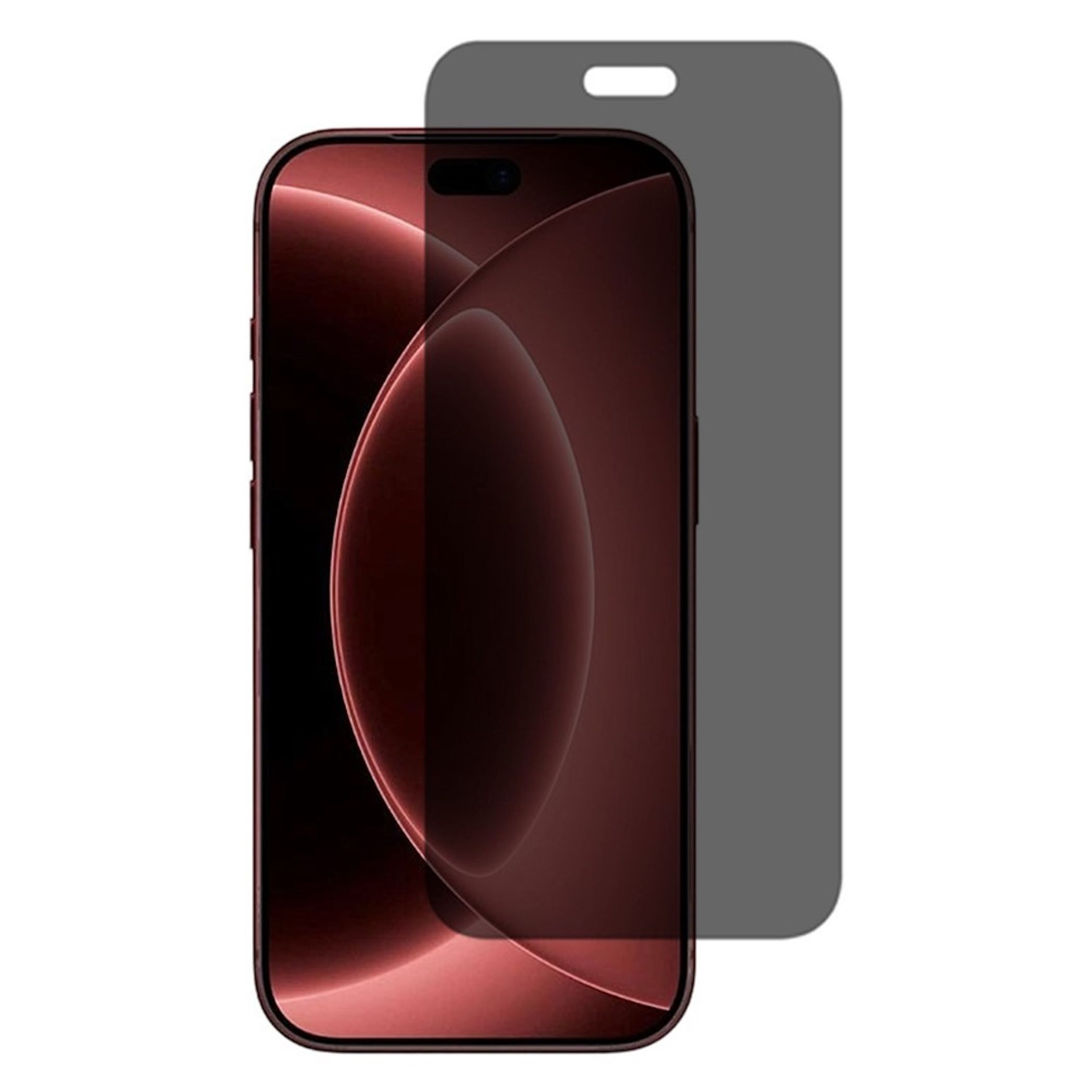 Ein schwarzer Sichtschutz-Bildschirmfilter liegt leicht versetzt über einem modernen Smartphone mit rotem Display.