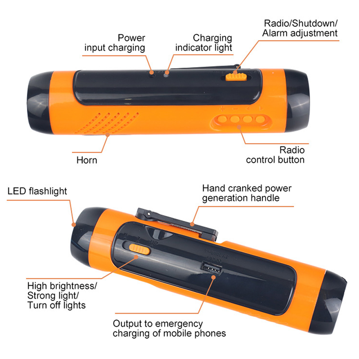 Diagramm einer orangen und schwarzen Notfall-Taschenlampe mit Radio und Kurbel.