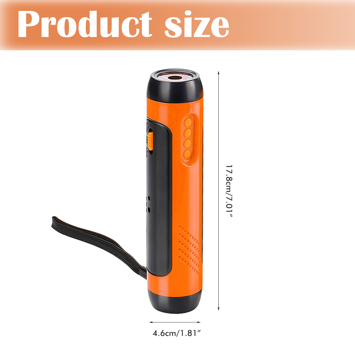 Orange-schwarze Stabtaschenlampe mit Maßen: 17,8 cm Länge und 4,6 cm Breite, inklusive Trageschlaufe.