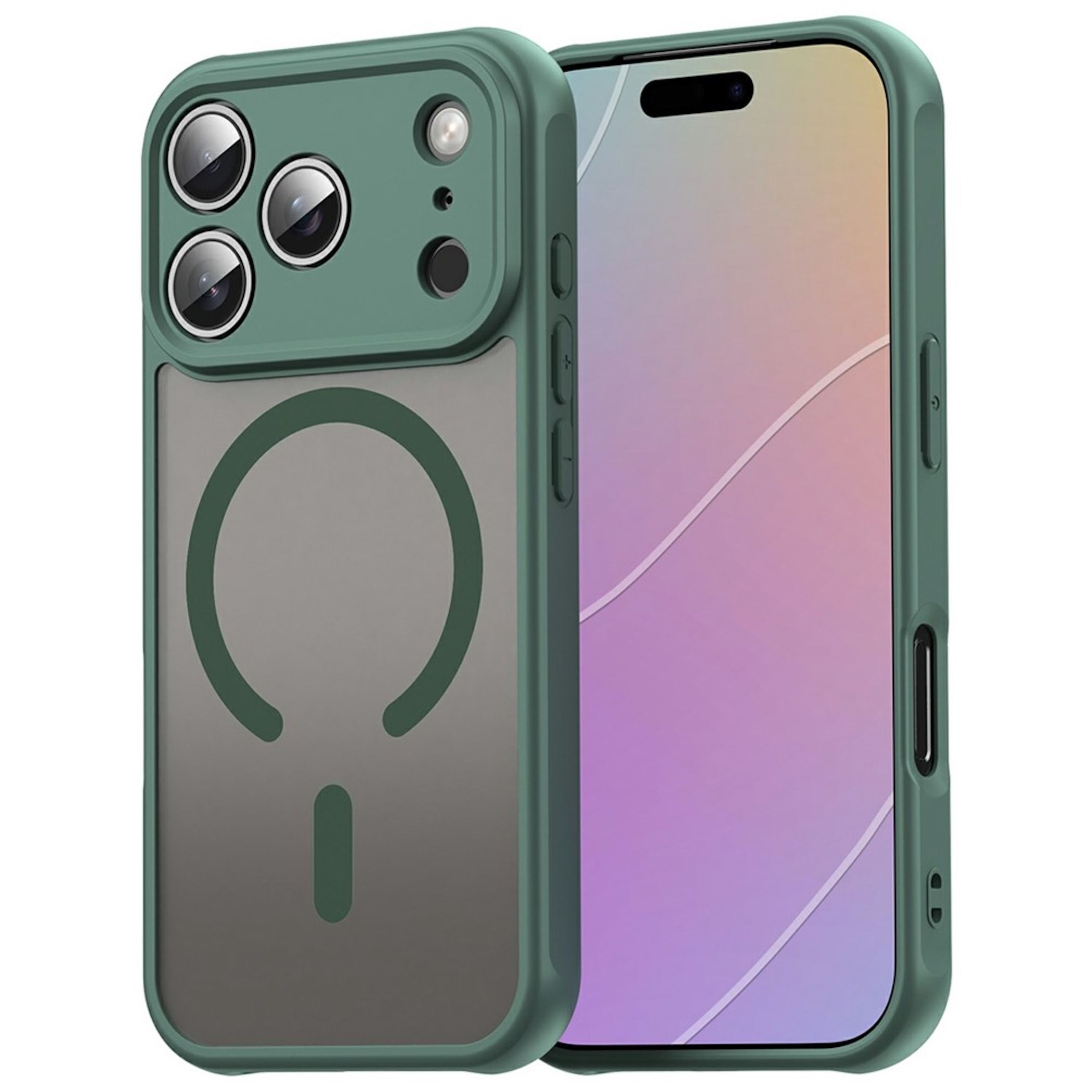 Smartphone verde en funda protectora verde con anillo magnético en la parte posterior y tres cámaras.