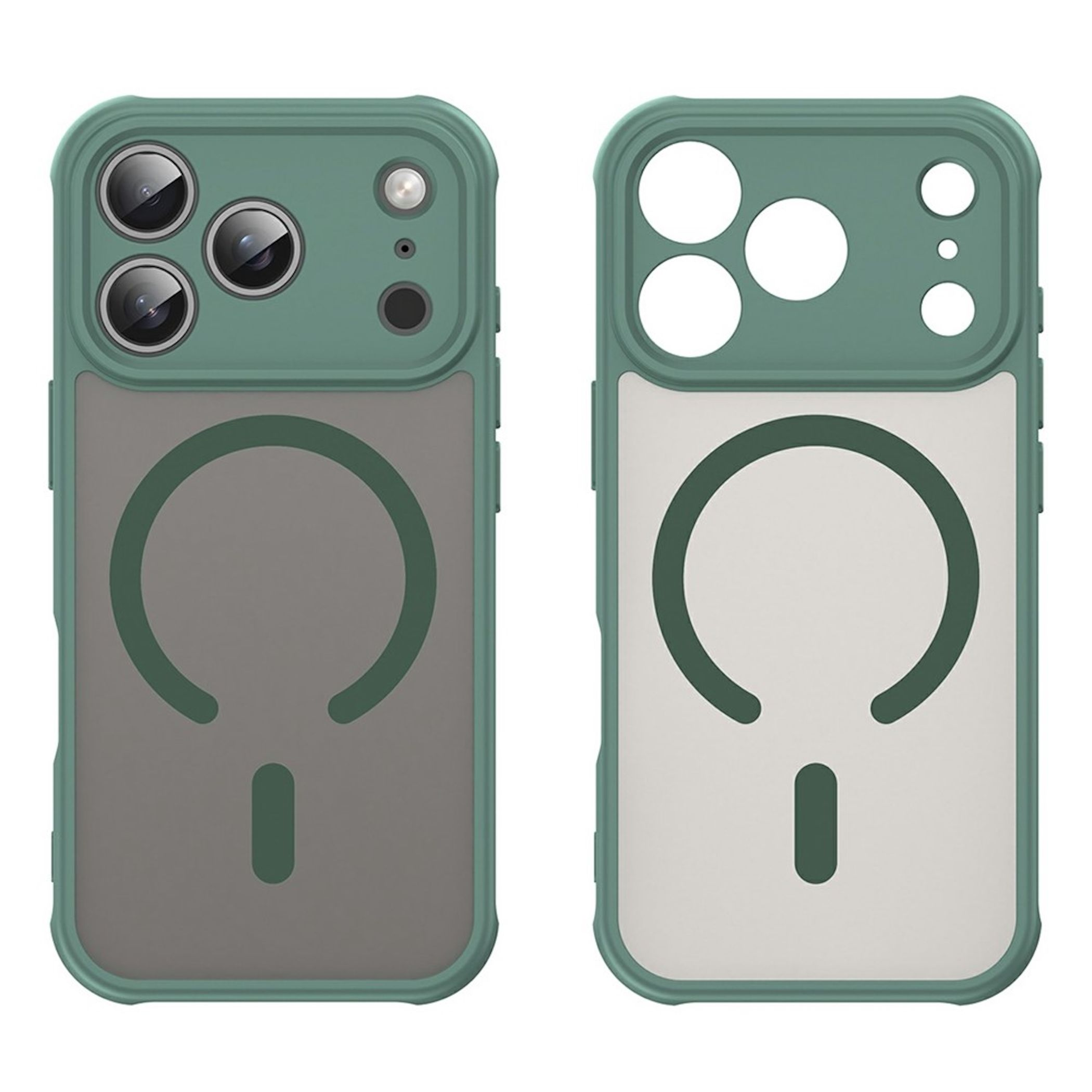 Dos fundas de móvil verdes con anillo MagSafe, una con y otra sin teléfono.