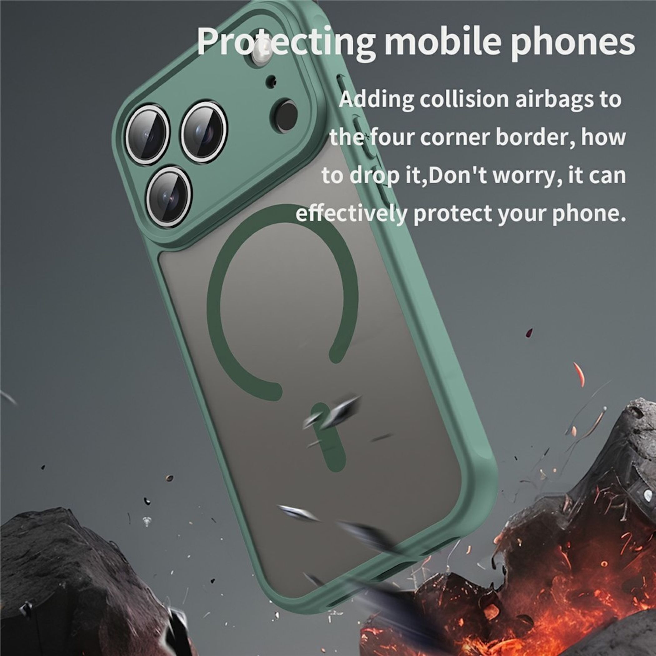 Funda de móvil verde con triple cámara y esquinas amortiguadoras sobre fondo oscuro.