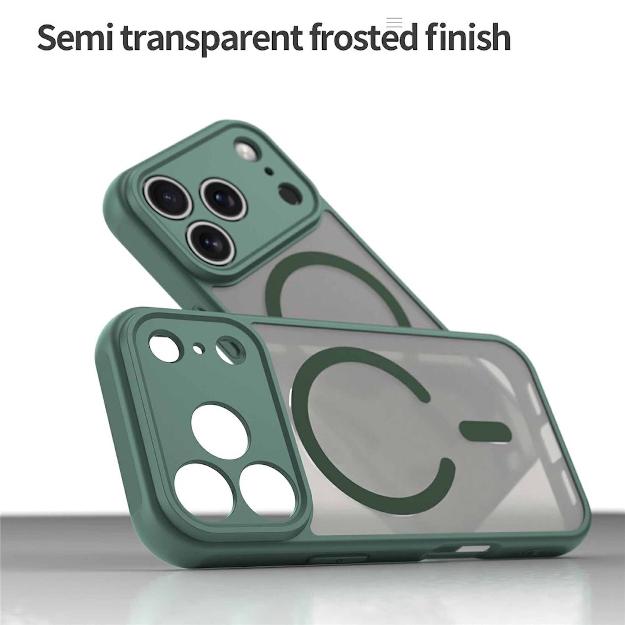 Fundas de teléfono verdes semitransparentes con anillo MagSafe en superficie clara.