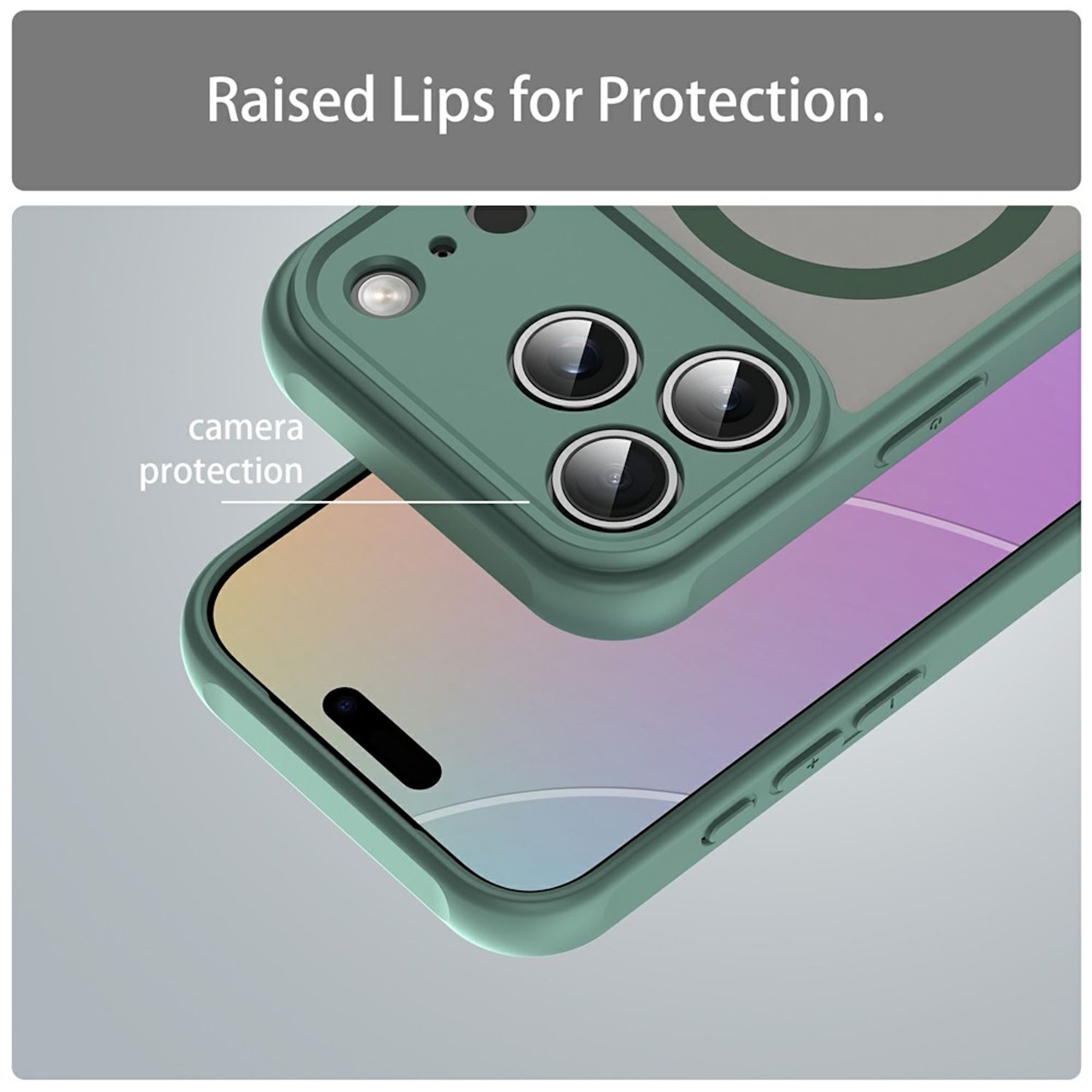 Funda de teléfono verde con bordes elevados para la cámara.