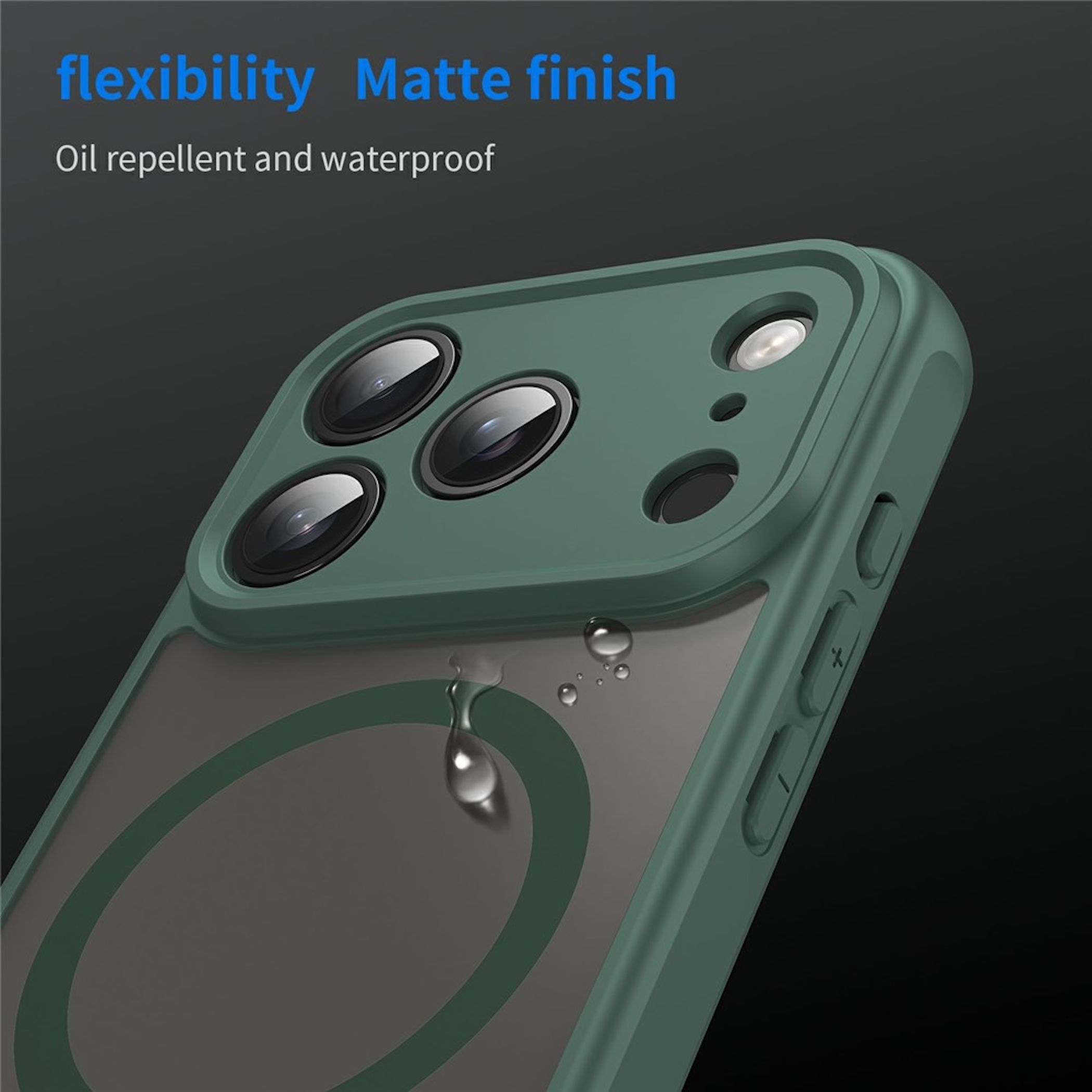 Funda de teléfono verde con recorte para cámara y gotas de agua.