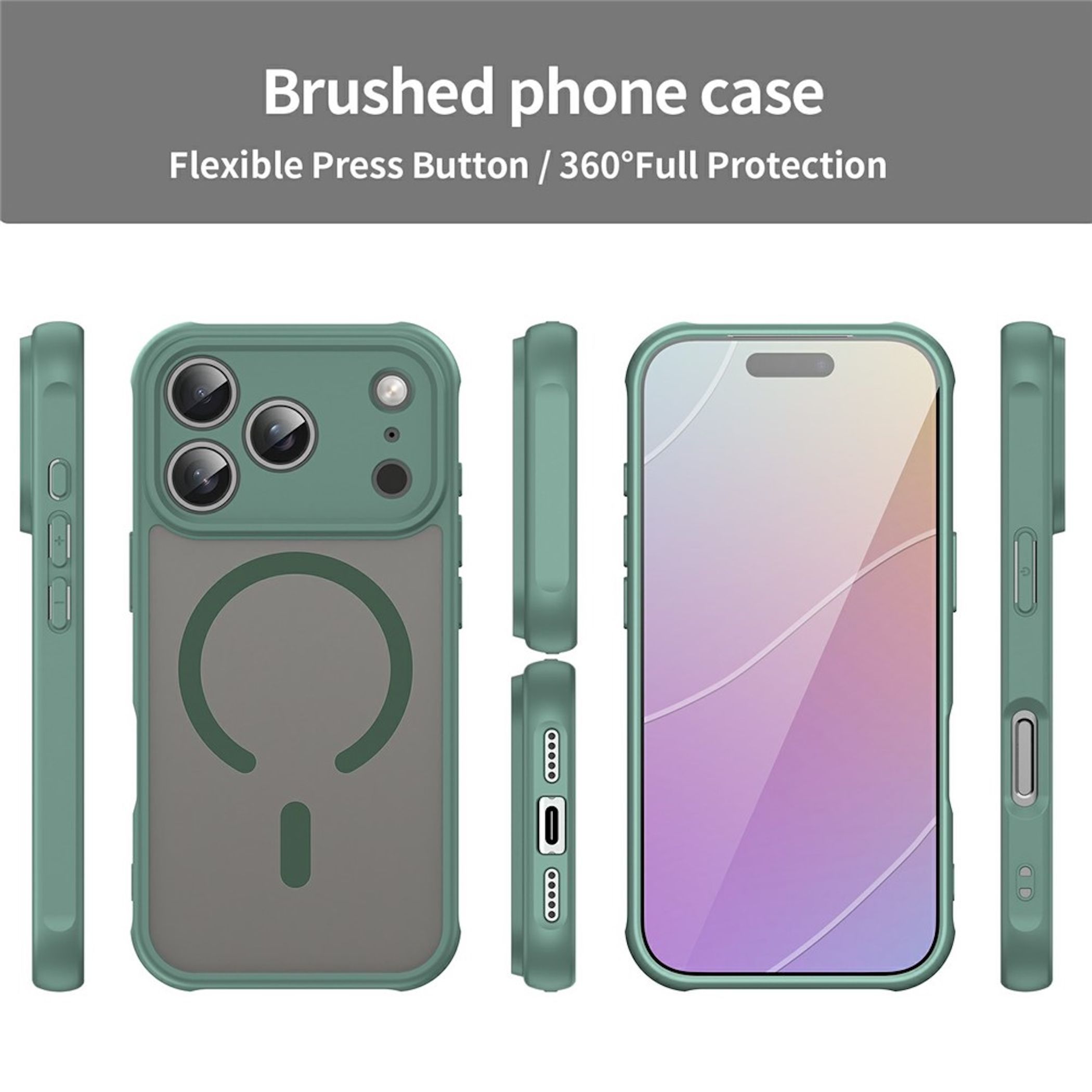 Funda de teléfono verde mostrada desde varios ángulos con anillo magnético y botones.