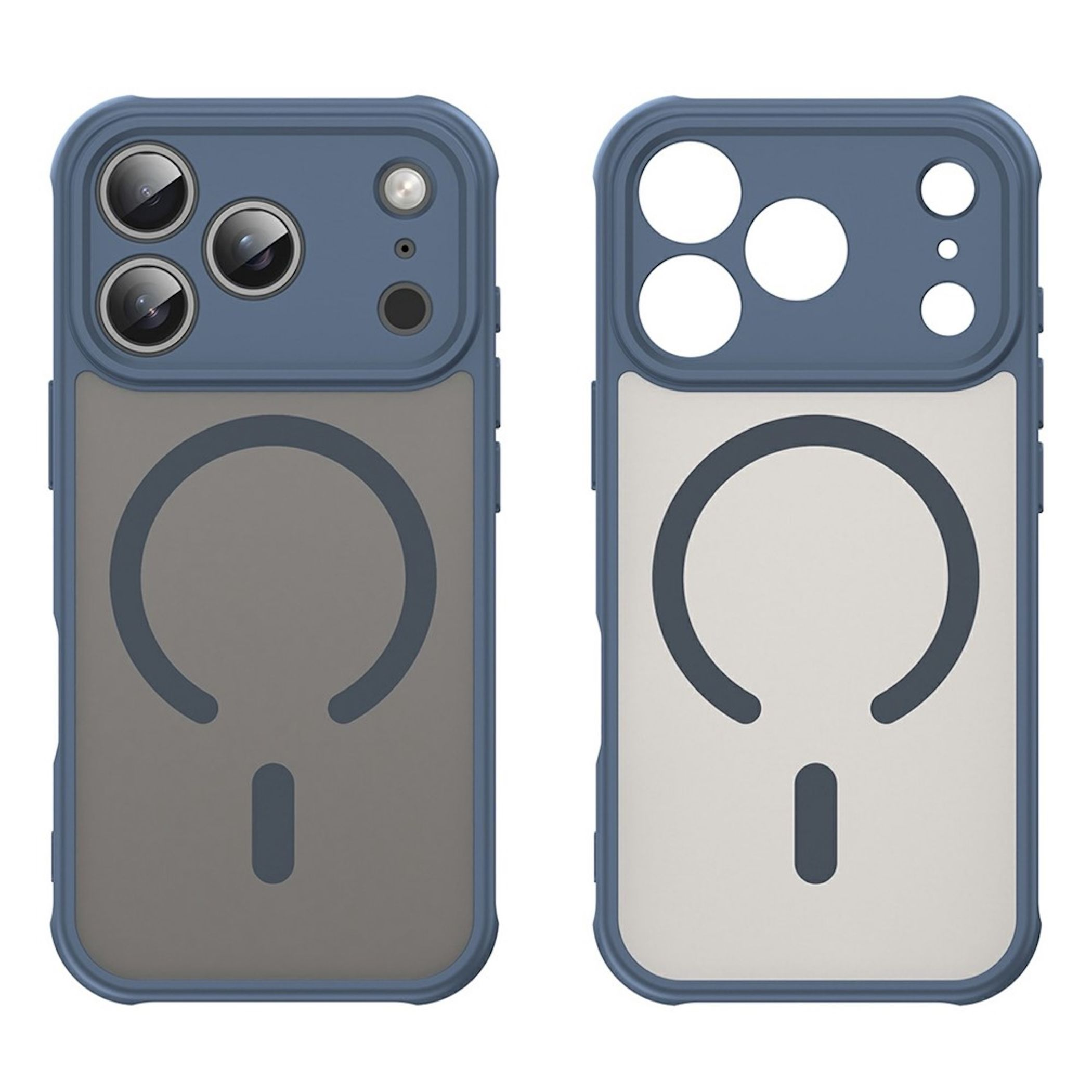 Dos fundas protectoras azules para teléfonos con anillo magnético y recortes para cámaras.